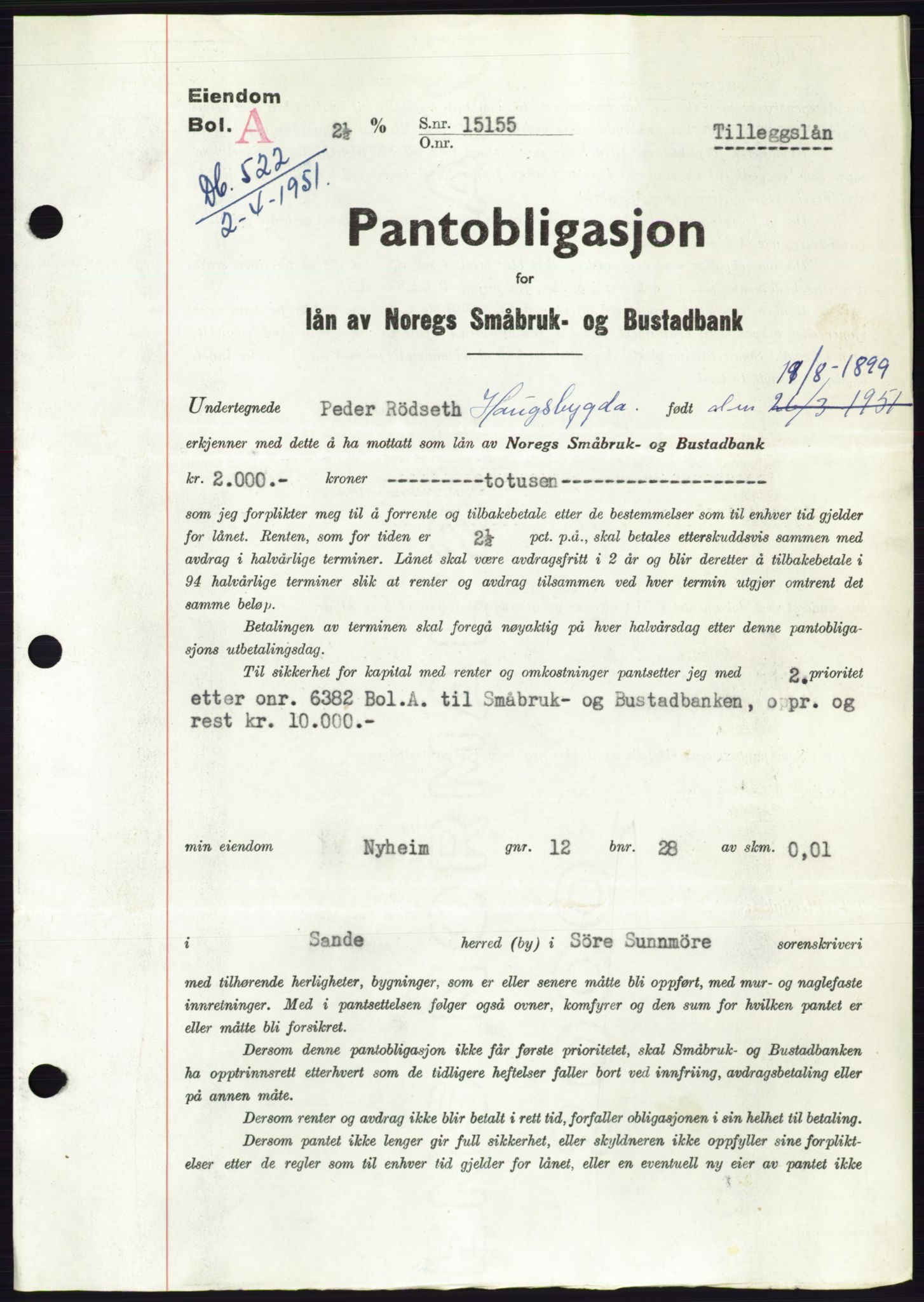 Søre Sunnmøre sorenskriveri, AV/SAT-A-4122/1/2/2C/L0119: Pantebok nr. 7B, 1950-1951, Dagboknr: 522/1951