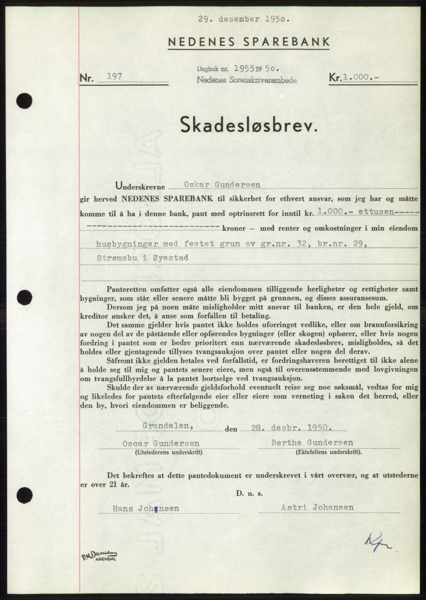 Nedenes sorenskriveri, SAK/1221-0006/G/Gb/Gbb/L0008: Pantebok nr. B8, 1950-1950, Dagboknr: 1955/1950