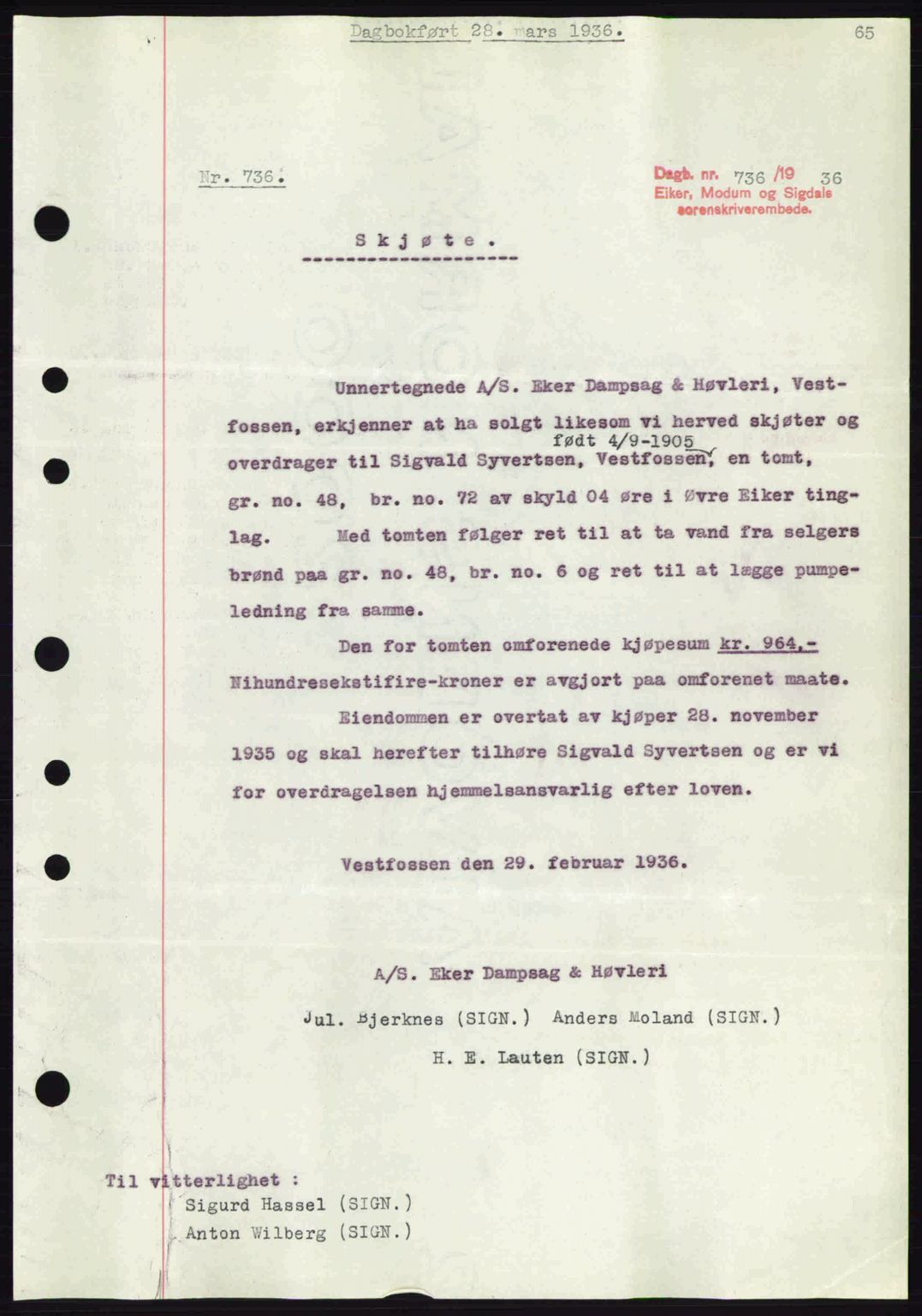 Eiker, Modum og Sigdal sorenskriveri, SAKO/A-123/G/Ga/Gab/L0032: Pantebok nr. A2, 1936-1936, Dagboknr: 736/1936