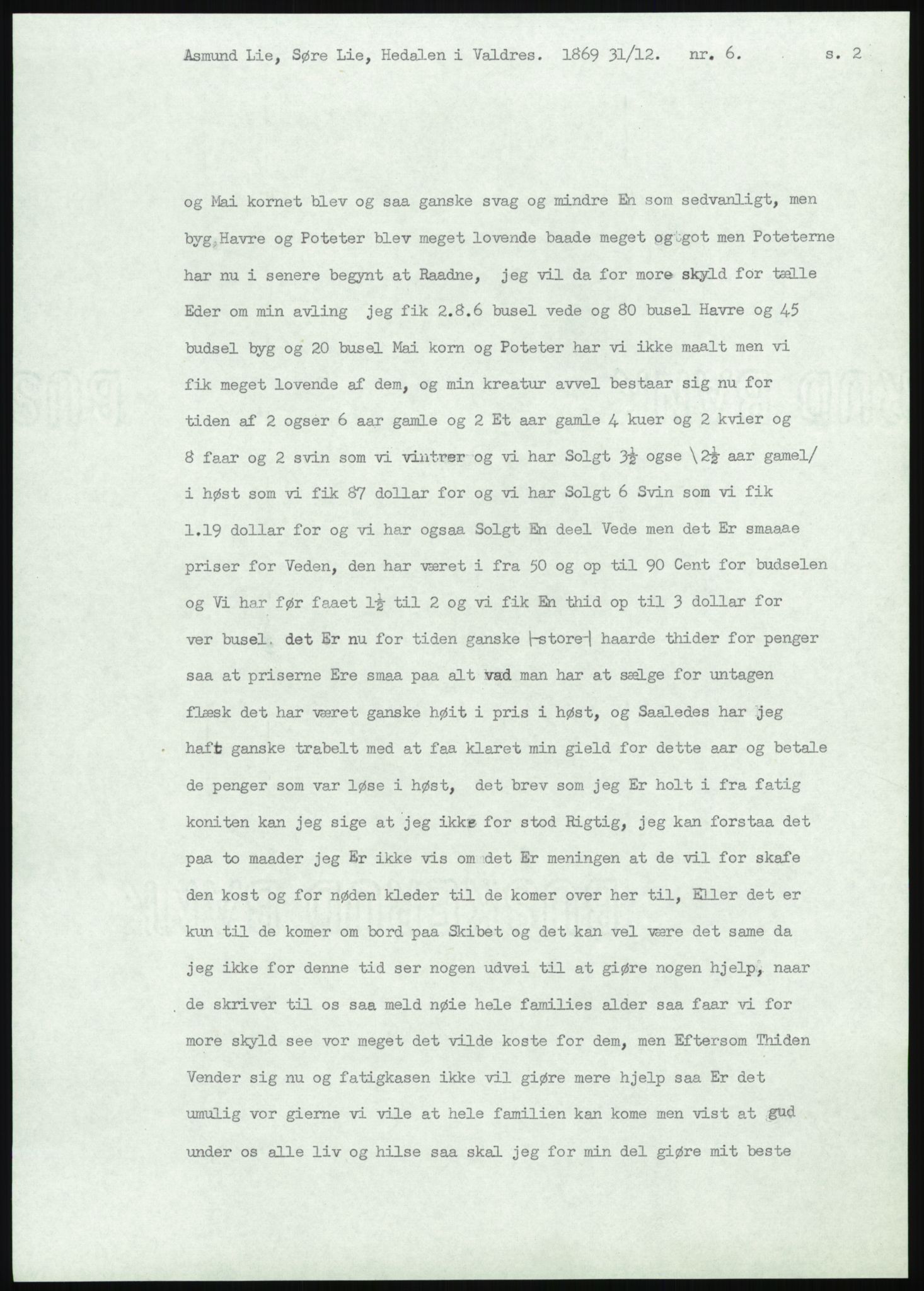 Samlinger til kildeutgivelse, Amerikabrevene, AV/RA-EA-4057/F/L0012: Innlån fra Oppland: Lie (brevnr 1-78), 1838-1914, s. 69