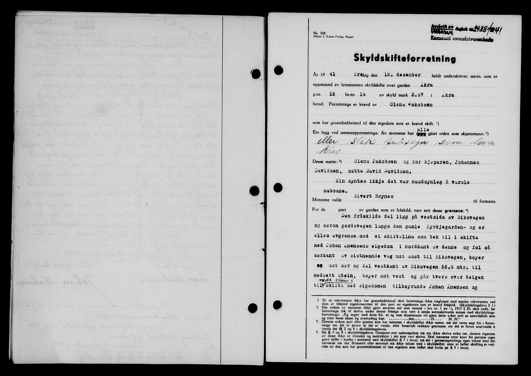 Karmsund sorenskriveri, SAST/A-100311/01/II/IIB/L0076: Pantebok nr. 57A, 1941-1941, Dagboknr: 2488/1941