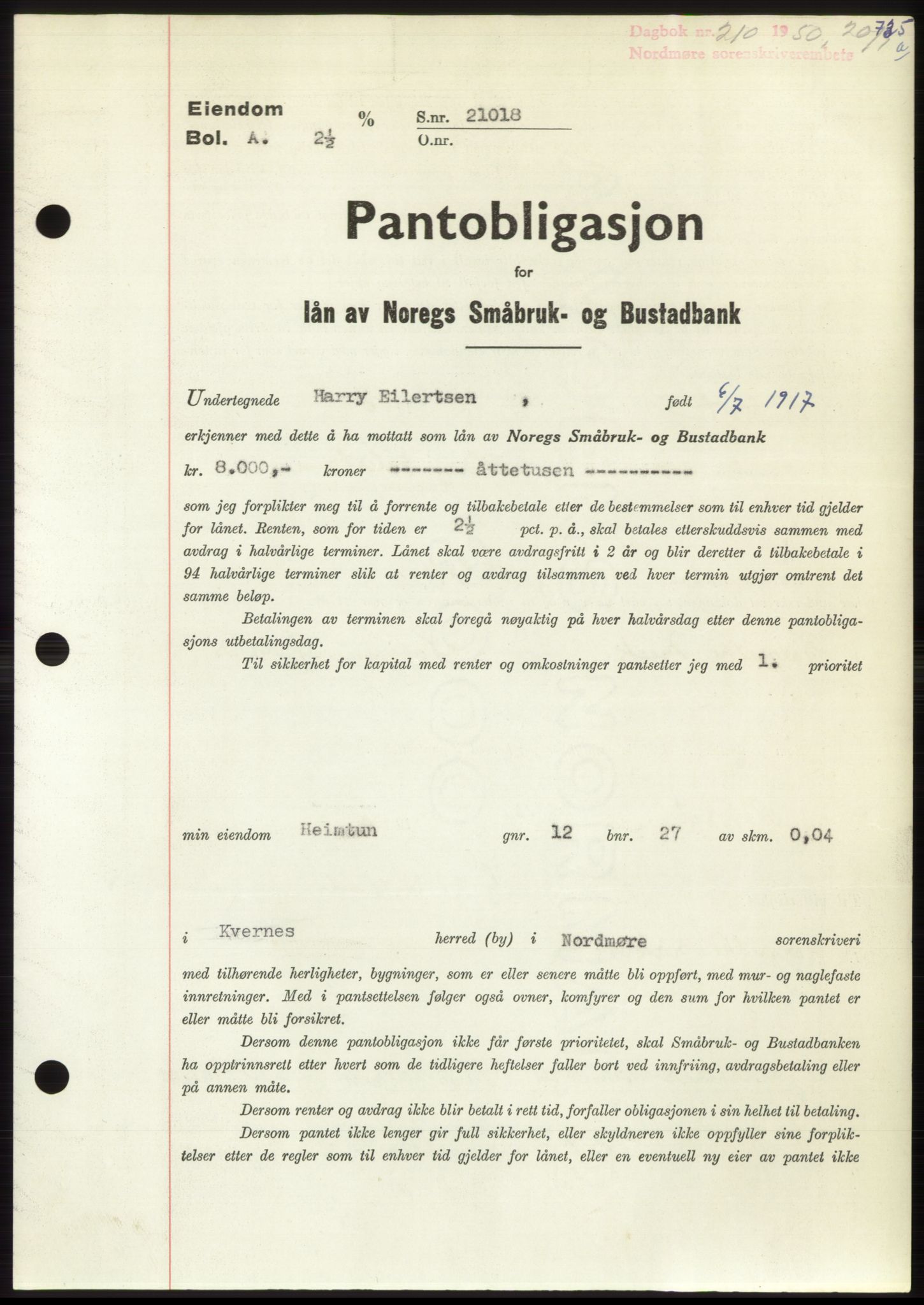 Nordmøre sorenskriveri, AV/SAT-A-4132/1/2/2Ca: Pantebok nr. B103, 1949-1950, Dagboknr: 210/1950