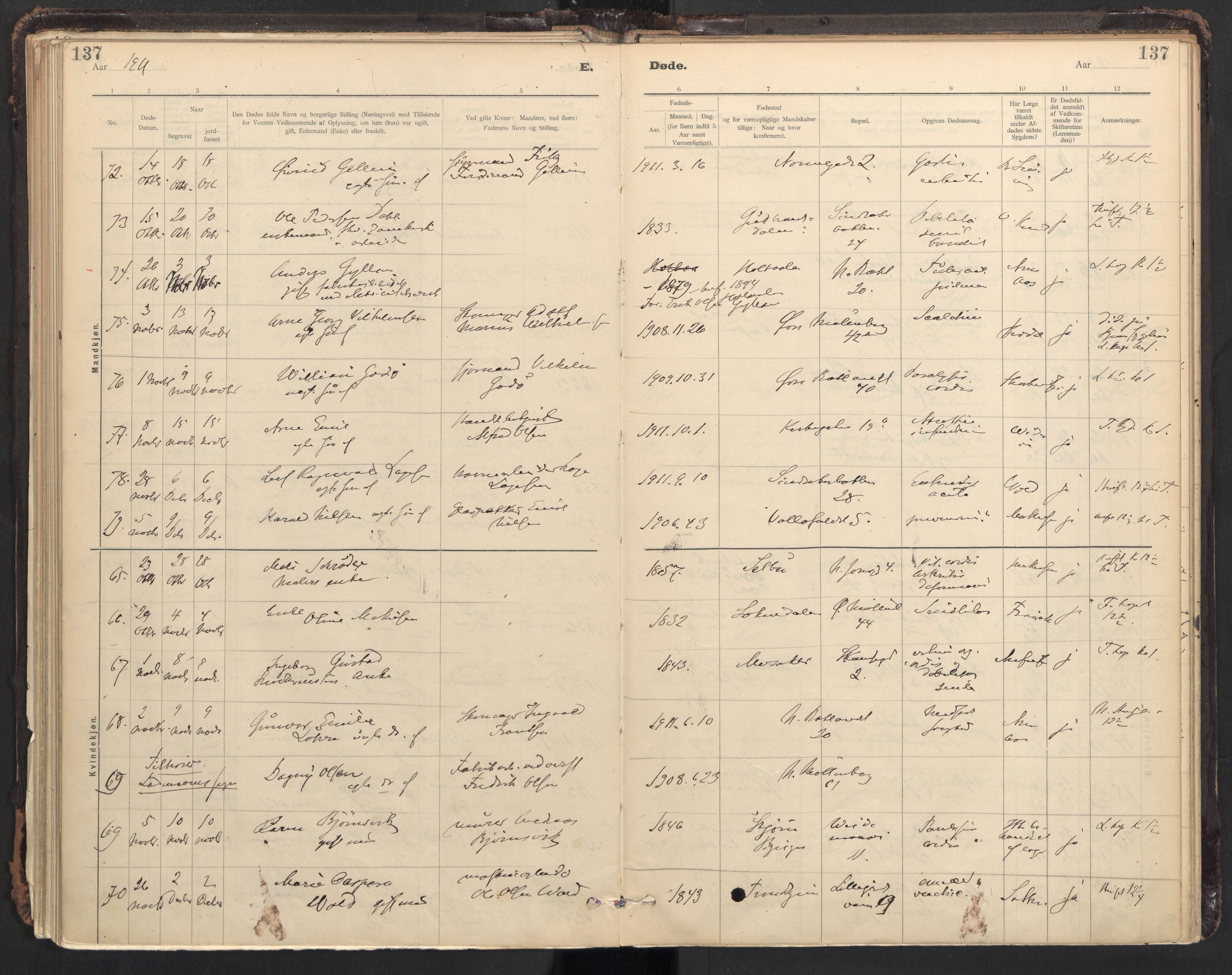 Ministerialprotokoller, klokkerbøker og fødselsregistre - Sør-Trøndelag, SAT/A-1456/604/L0204: Ministerialbok nr. 604A24, 1911-1920, s. 137