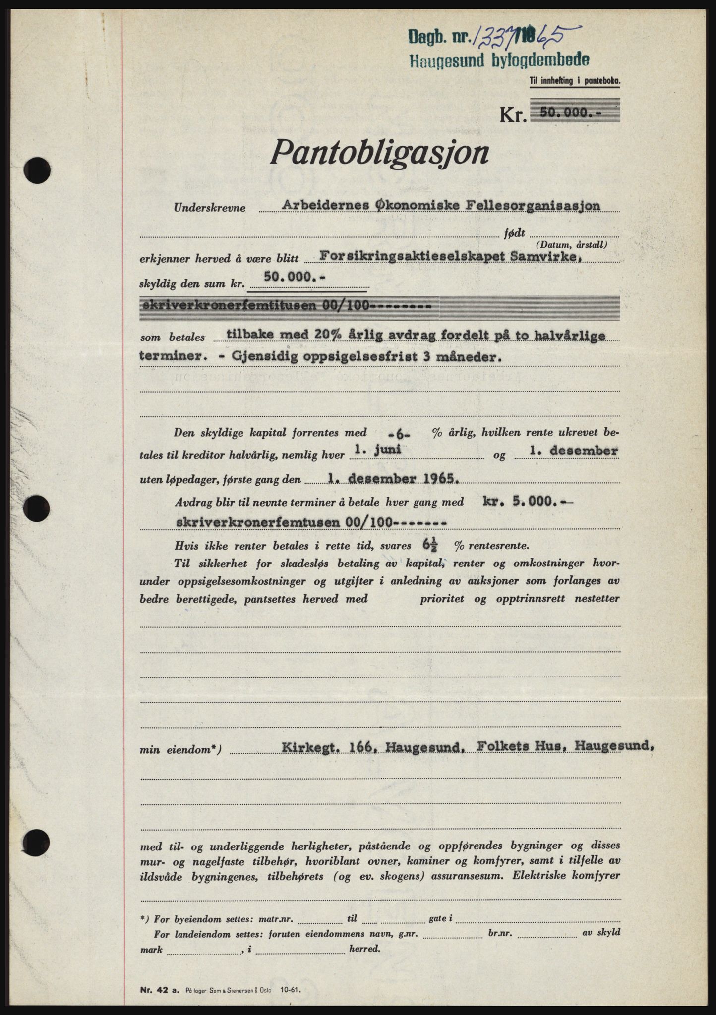 Haugesund tingrett, SAST/A-101415/01/II/IIC/L0053: Pantebok nr. B 53, 1965-1965, Dagboknr: 1337/1965