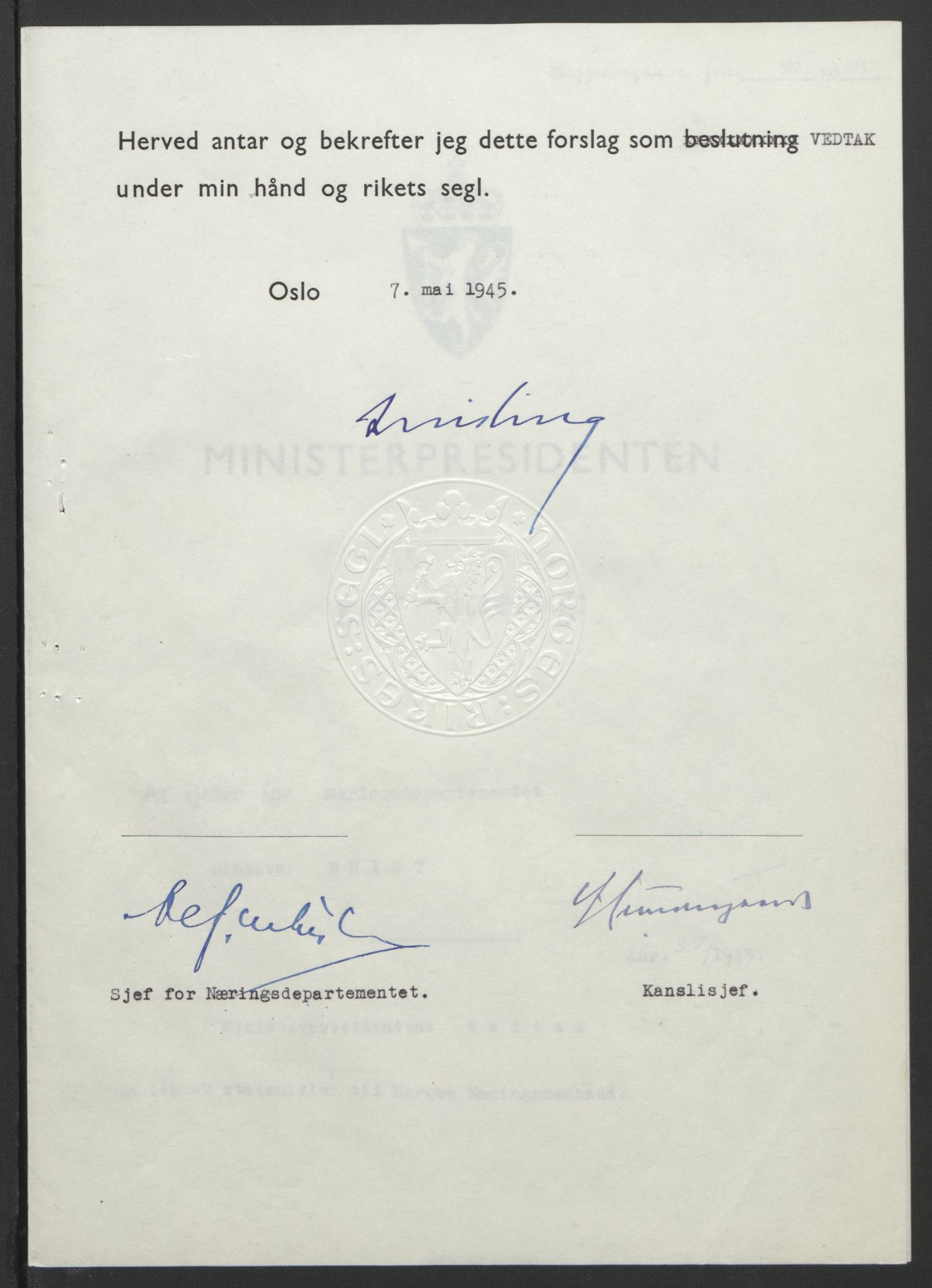 NS-administrasjonen 1940-1945 (Statsrådsekretariatet, de kommisariske statsråder mm), RA/S-4279/D/Db/L0101/0001: -- / Lover og vedtak, 1945, s. 264