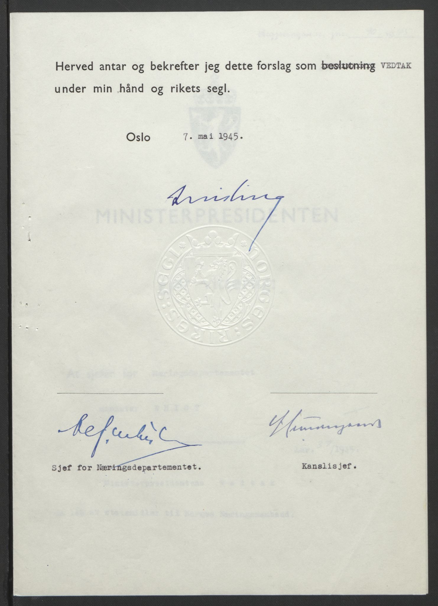 NS-administrasjonen 1940-1945 (Statsrådsekretariatet, de kommisariske statsråder mm), AV/RA-S-4279/D/Db/L0101/0001: -- / Lover og vedtak, 1945, s. 264