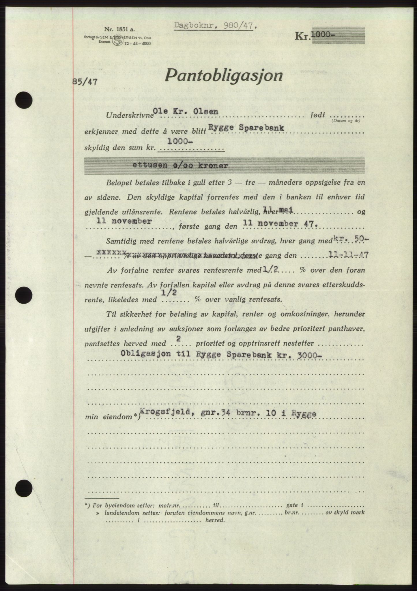 Moss sorenskriveri, SAO/A-10168: Pantebok nr. B17, 1947-1947, Dagboknr: 980/1947