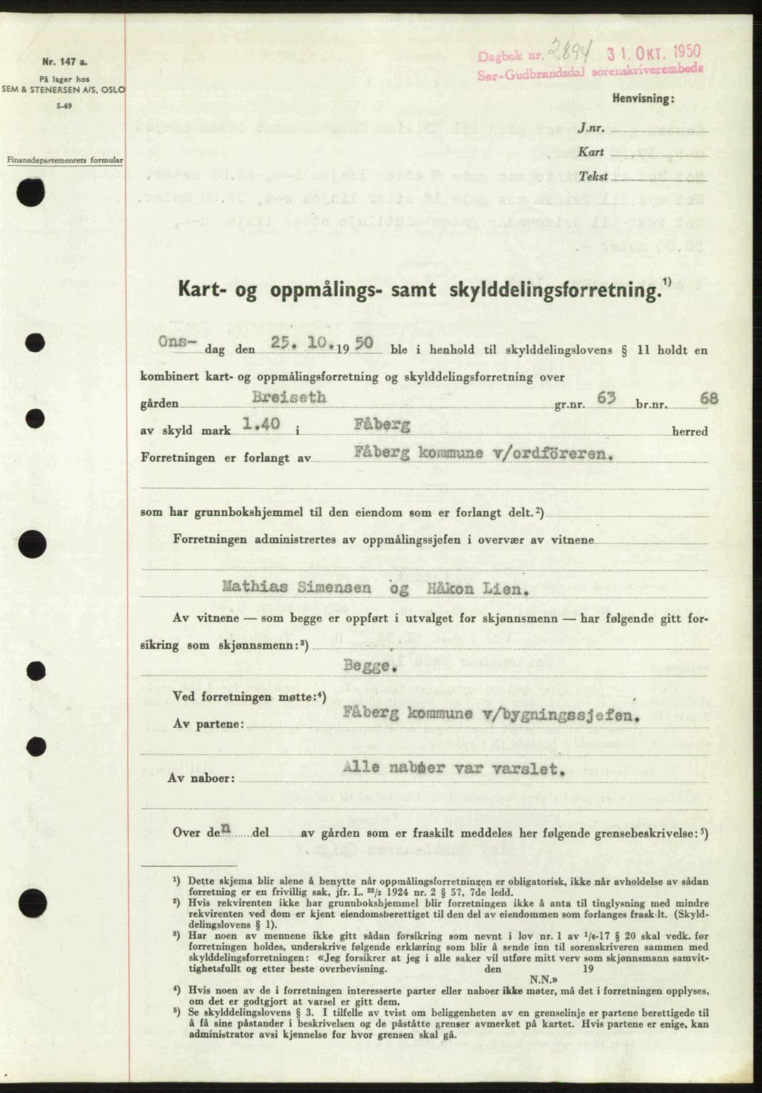 Sør-Gudbrandsdal tingrett, SAH/TING-004/H/Hb/Hbd/L0029: Pantebok nr. A29, 1950-1950, Dagboknr: 2894/1950