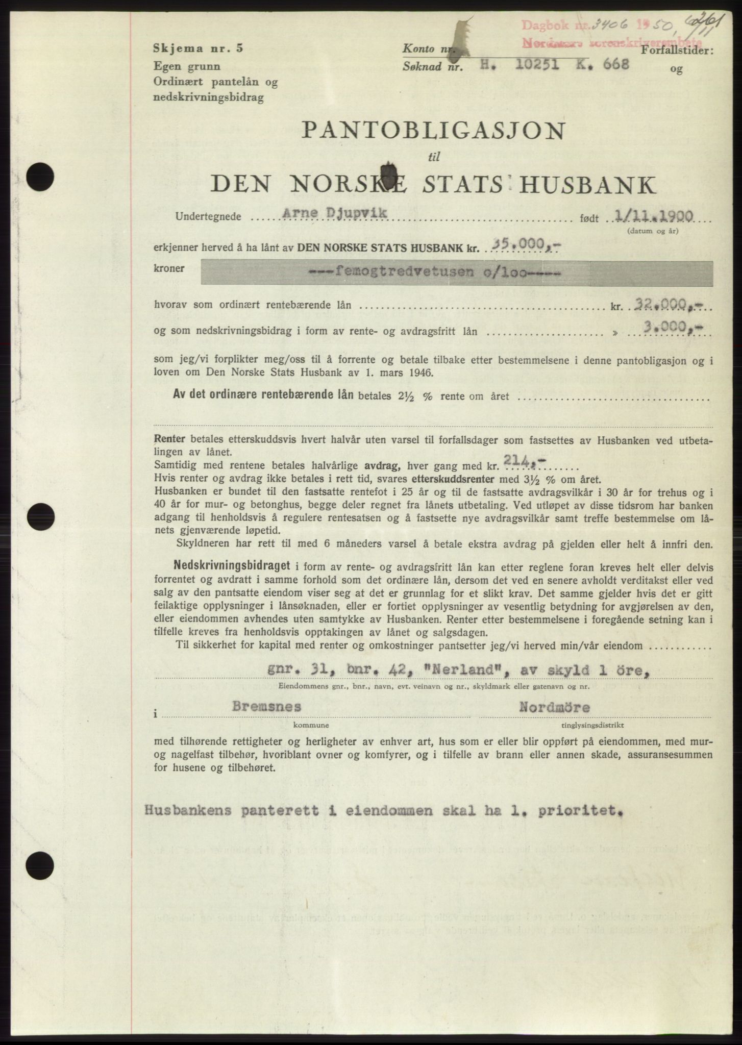 Nordmøre sorenskriveri, SAT/A-4132/1/2/2Ca: Pantebok nr. B106, 1950-1950, Dagboknr: 3406/1950