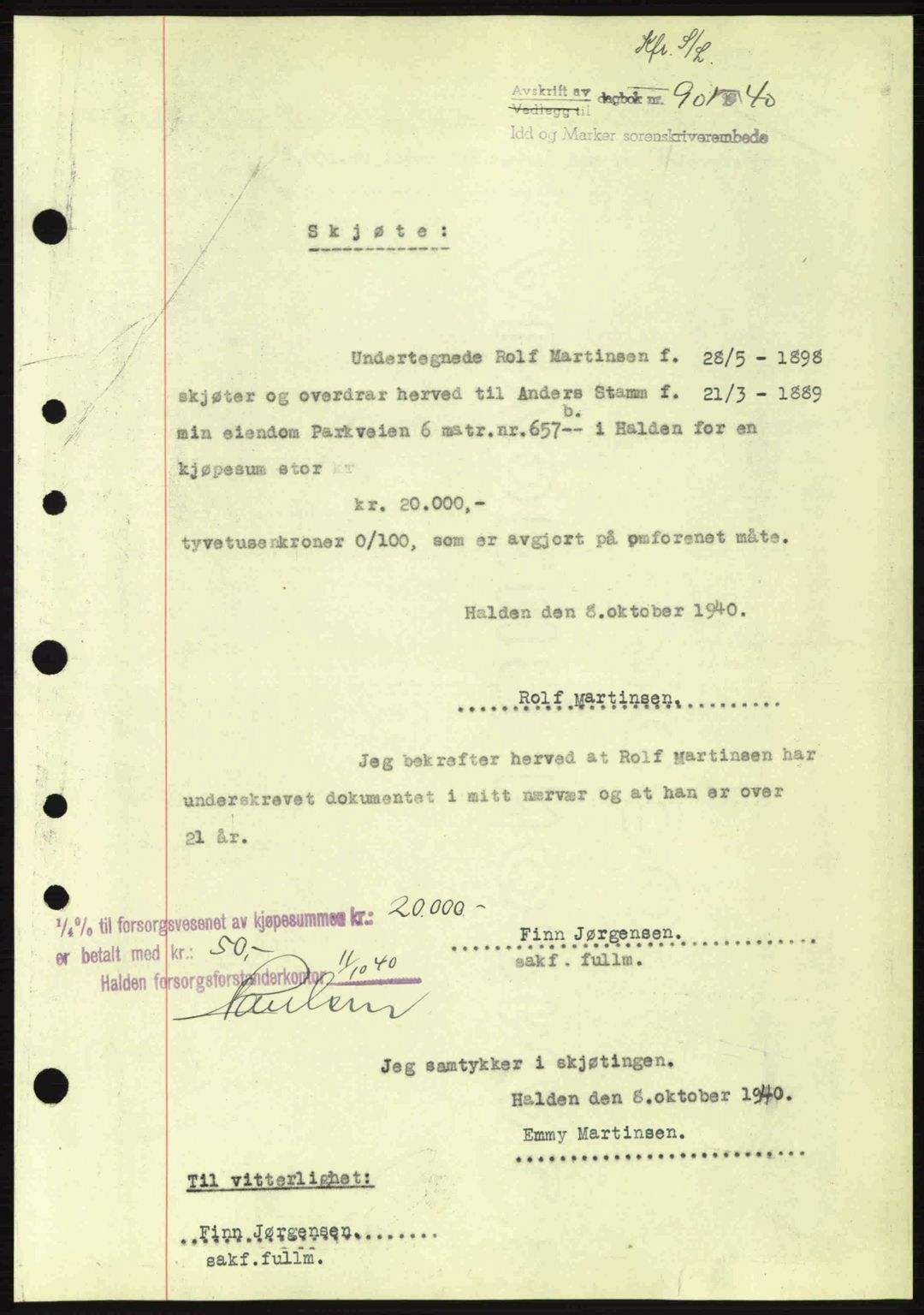 Idd og Marker sorenskriveri, AV/SAO-A-10283/G/Gb/Gbb/L0004: Pantebok nr. A4, 1940-1941, Dagboknr: 901/1940