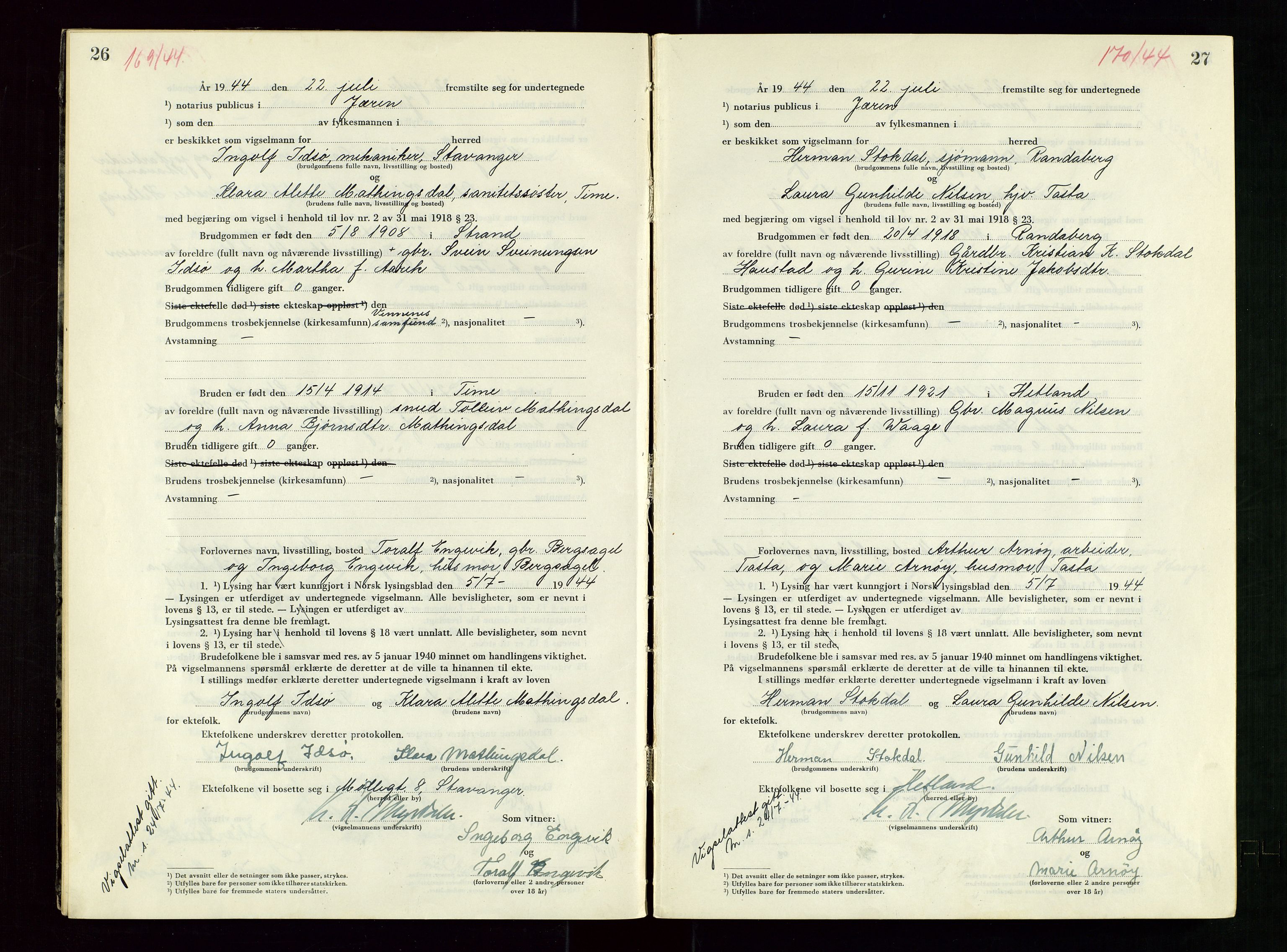 Jæren sorenskriveri, AV/SAST-A-100310/01/6/62/62BA/L0007: VIGSELSPROTOKOLL, 1944, s. 26-27