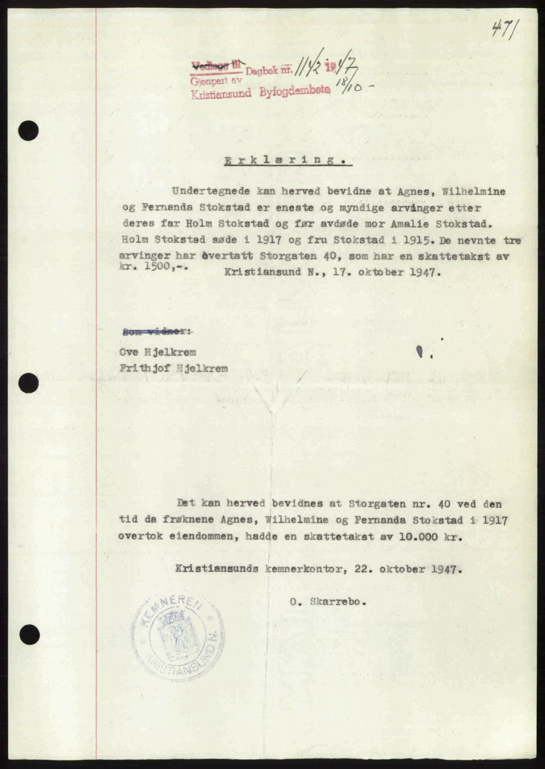 Kristiansund byfogd, AV/SAT-A-4587/A/27: Pantebok nr. 39b, 1946-1947, Dagboknr: 1142/1947