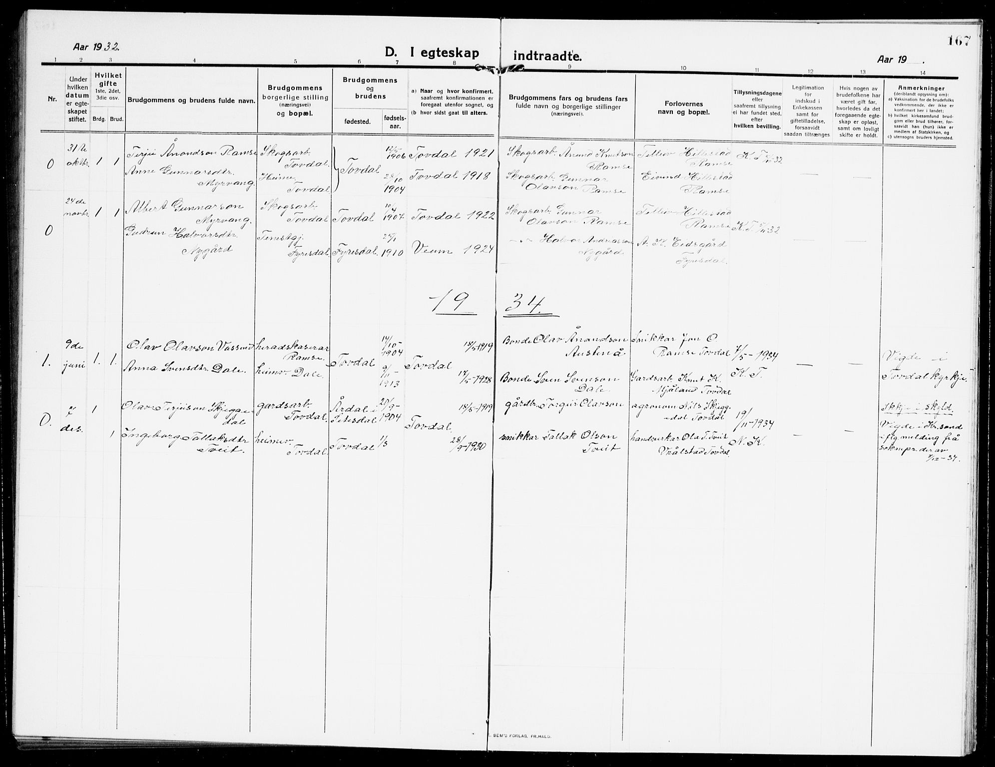 Åmli sokneprestkontor, AV/SAK-1111-0050/F/Fb/Fbb/L0003: Klokkerbok nr. B 3, 1906-1941, s. 167