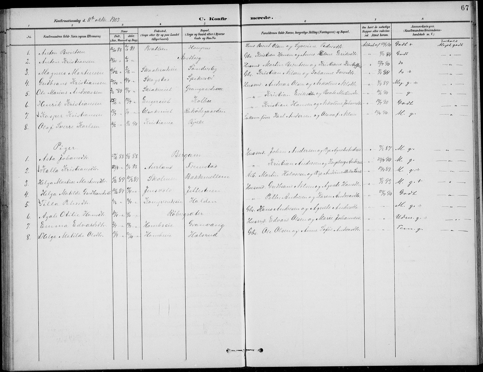 Nordre Land prestekontor, SAH/PREST-124/H/Ha/Hab/L0014: Klokkerbok nr. 14, 1891-1907, s. 67