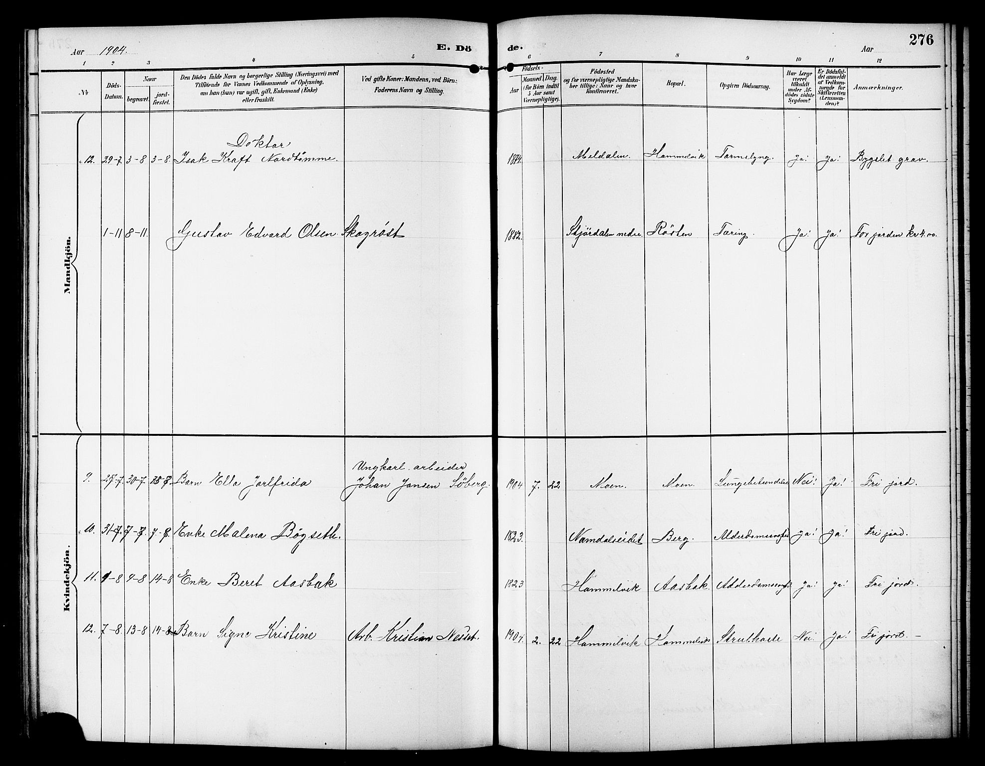 Ministerialprotokoller, klokkerbøker og fødselsregistre - Sør-Trøndelag, SAT/A-1456/617/L0431: Klokkerbok nr. 617C01, 1889-1910, s. 276