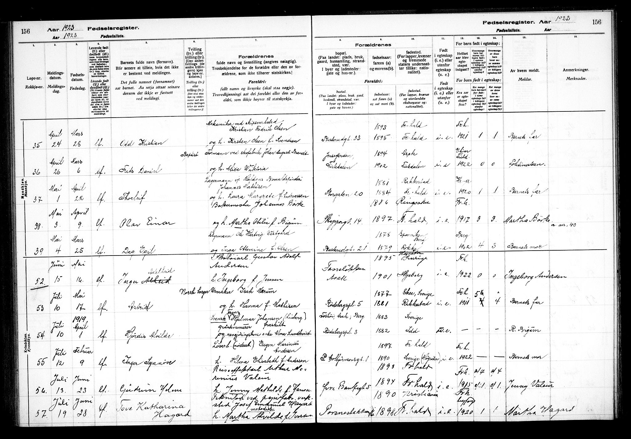Halden prestekontor Kirkebøker, AV/SAO-A-10909/J/Ja/L0001: Fødselsregister nr. I 1, 1916-1925, s. 156