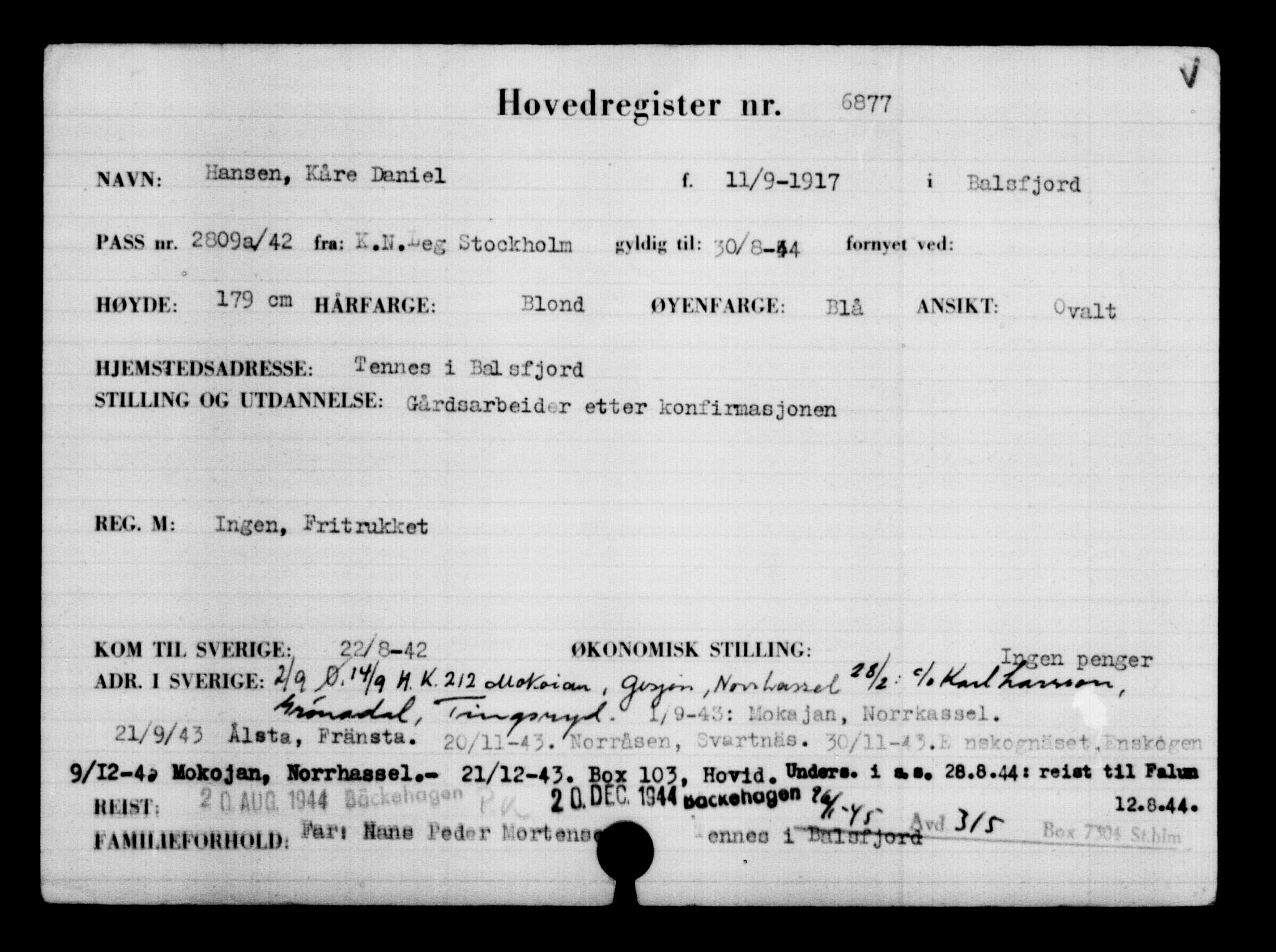 Utenriksstasjonene, Legasjonen i Stockholm, Flyktningkontoret, AV/RA-S-6753/V/Va/L0005: Kjesäterkartoteket, flyktning nr. 6600-9417, 1940-1945, s. 339