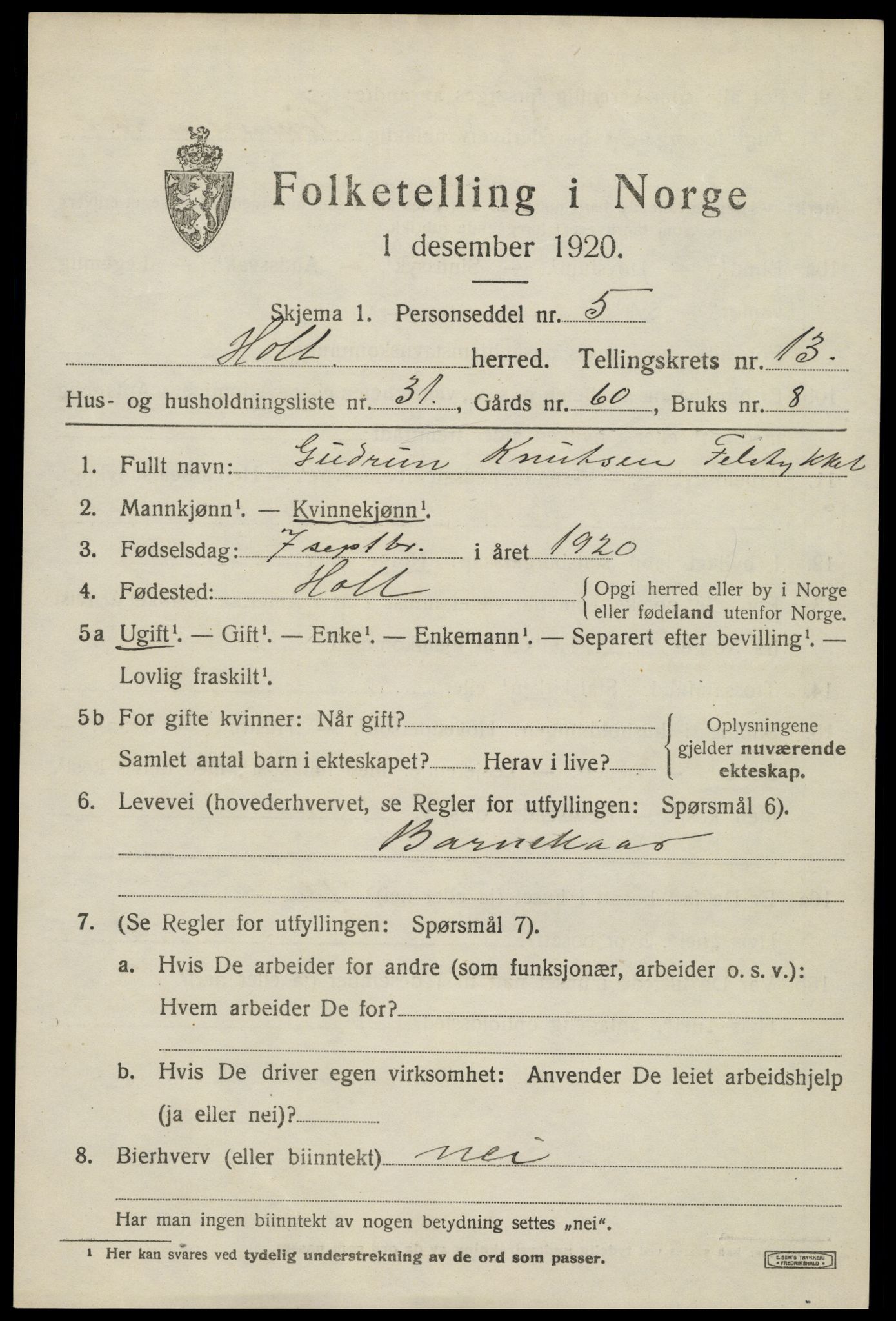 SAK, Folketelling 1920 for 0914 Holt herred, 1920, s. 7962