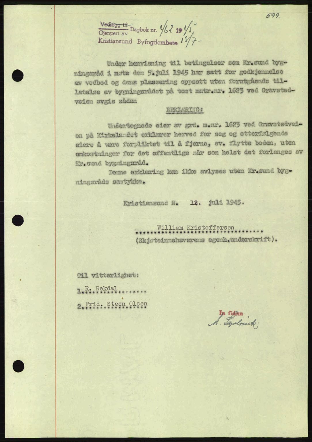 Kristiansund byfogd, AV/SAT-A-4587/A/27: Pantebok nr. 37-38, 1943-1945, Dagboknr: 462/1945