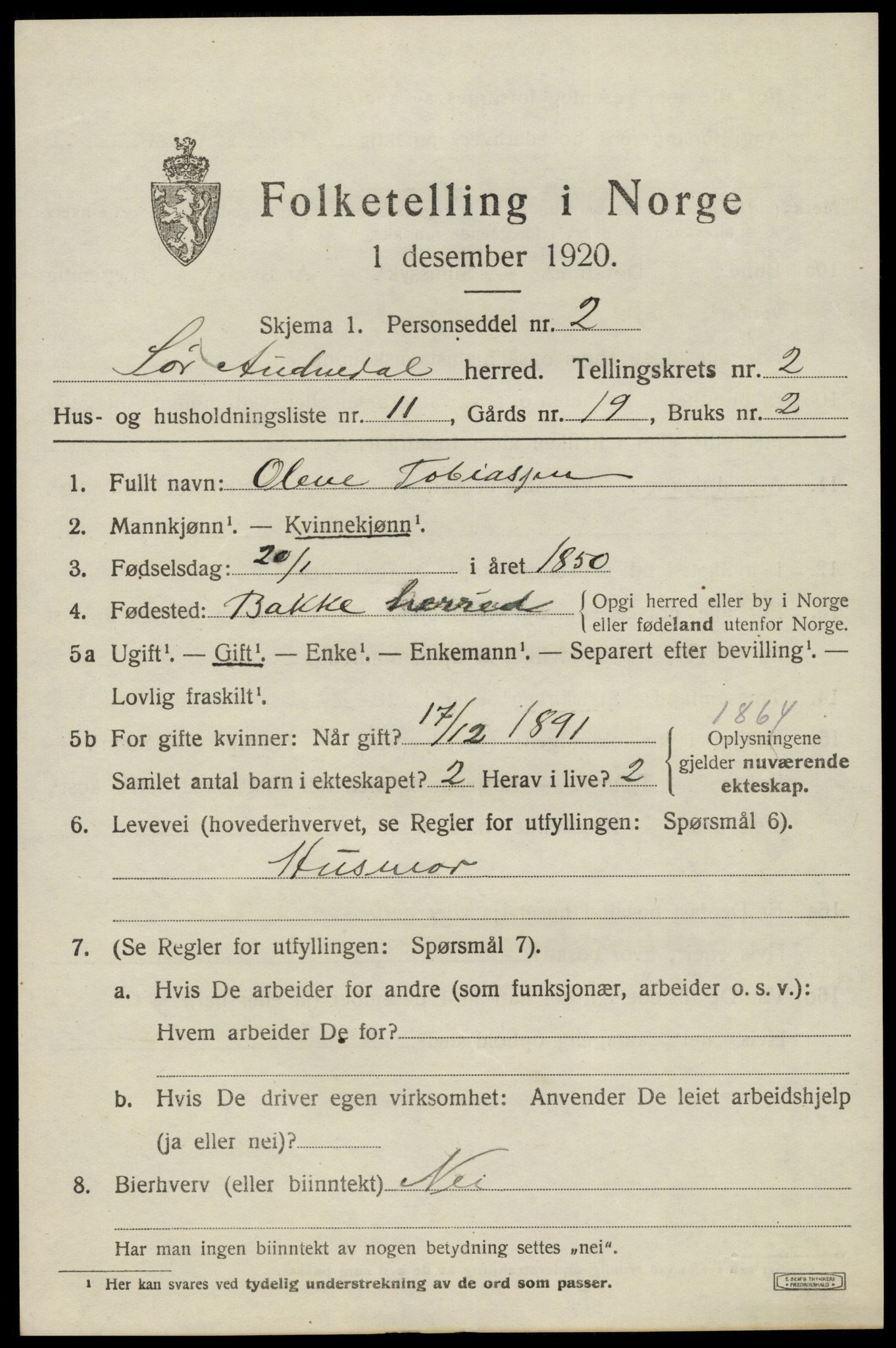 SAK, Folketelling 1920 for 1029 Sør-Audnedal herred, 1920, s. 1659