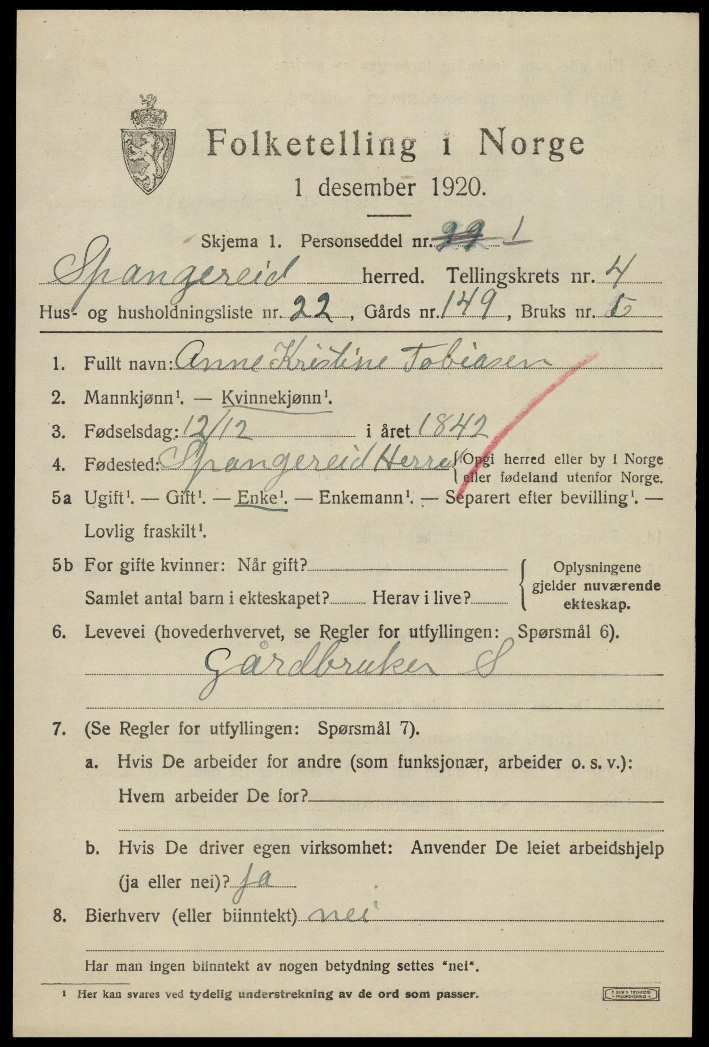 SAK, Folketelling 1920 for 1030 Spangereid herred, 1920, s. 1715