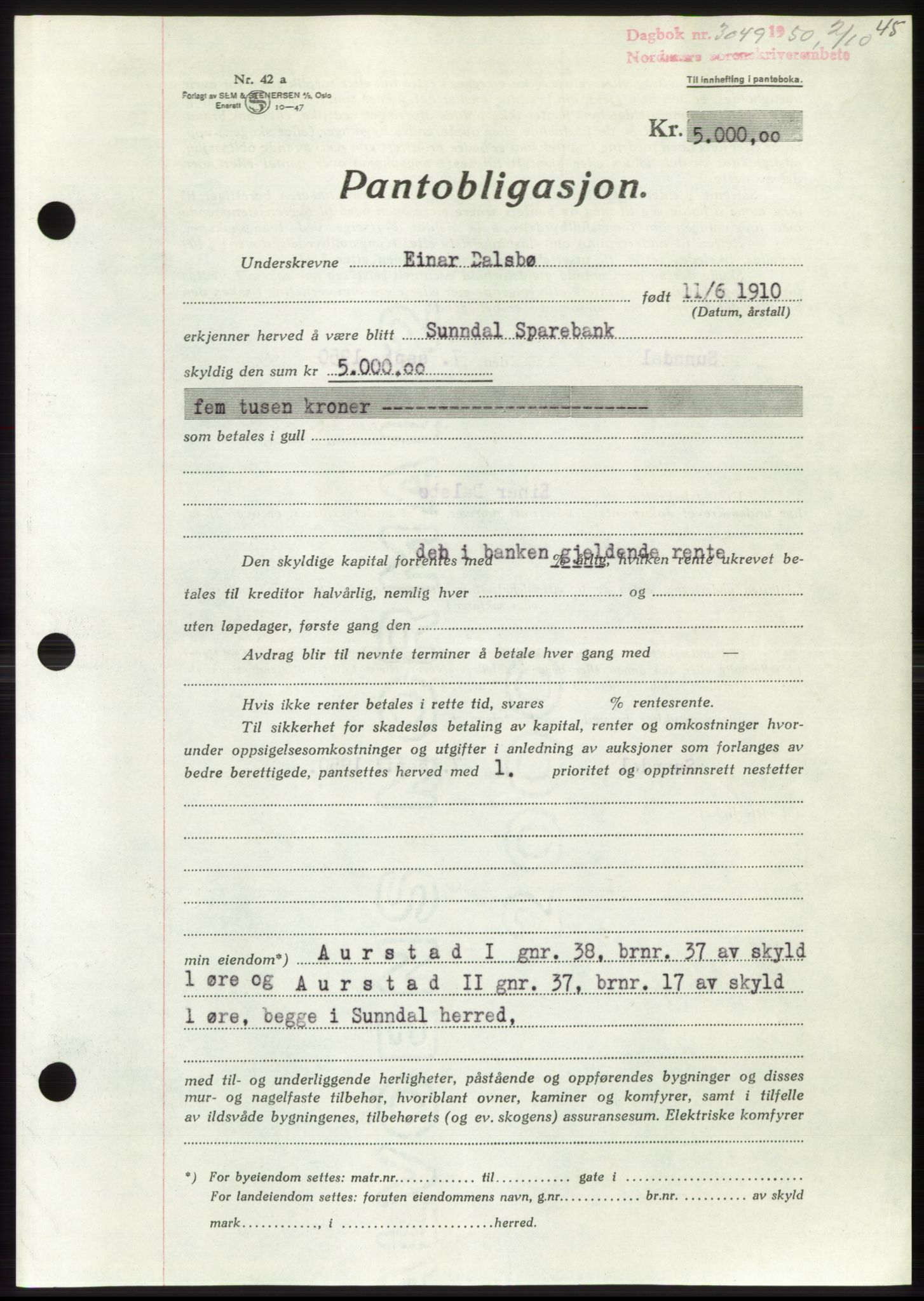 Nordmøre sorenskriveri, AV/SAT-A-4132/1/2/2Ca: Pantebok nr. B106, 1950-1950, Dagboknr: 3049/1950