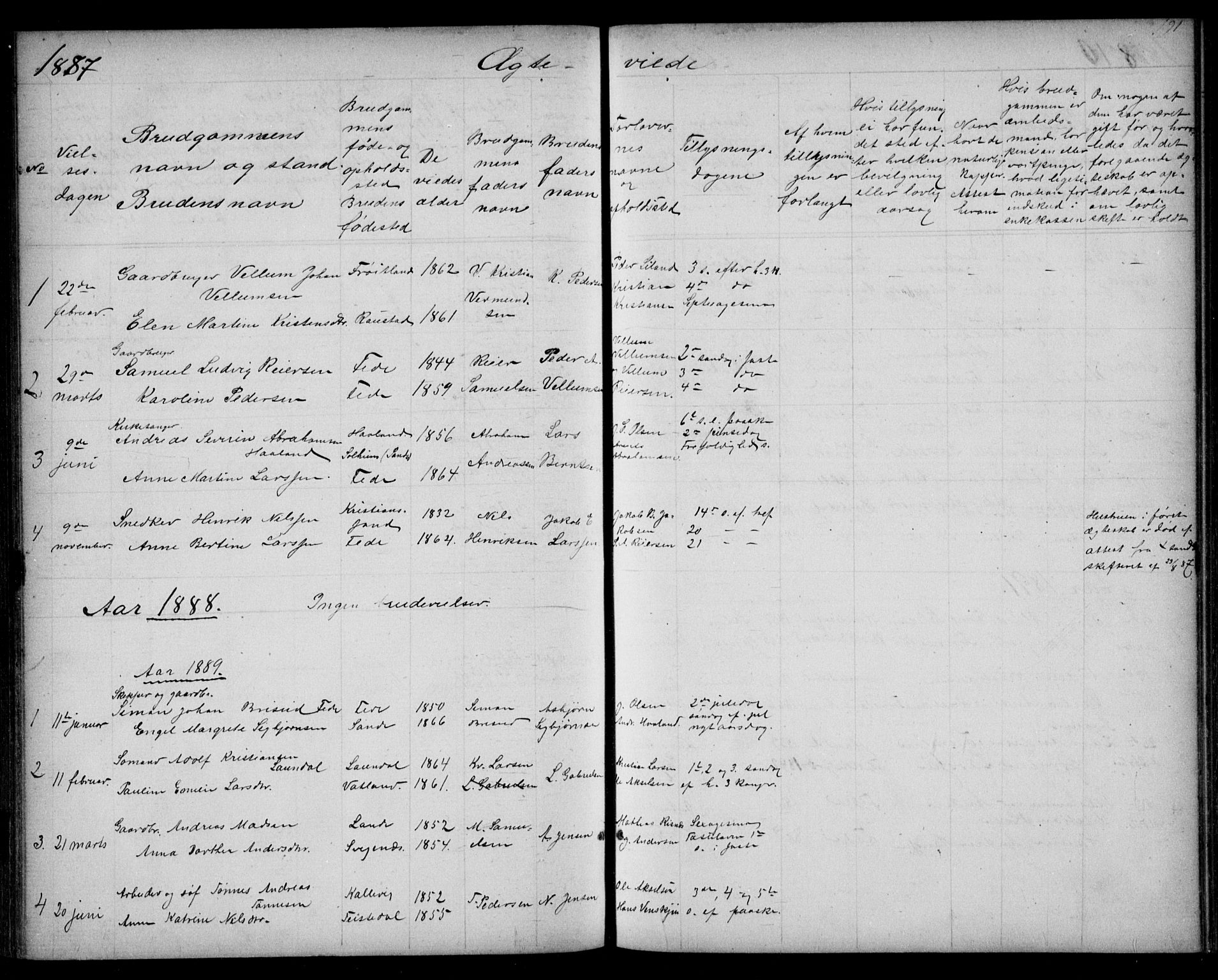 Kvinesdal sokneprestkontor, SAK/1111-0026/F/Fb/Fba/L0003: Klokkerbok nr. B 3, 1858-1893, s. 191