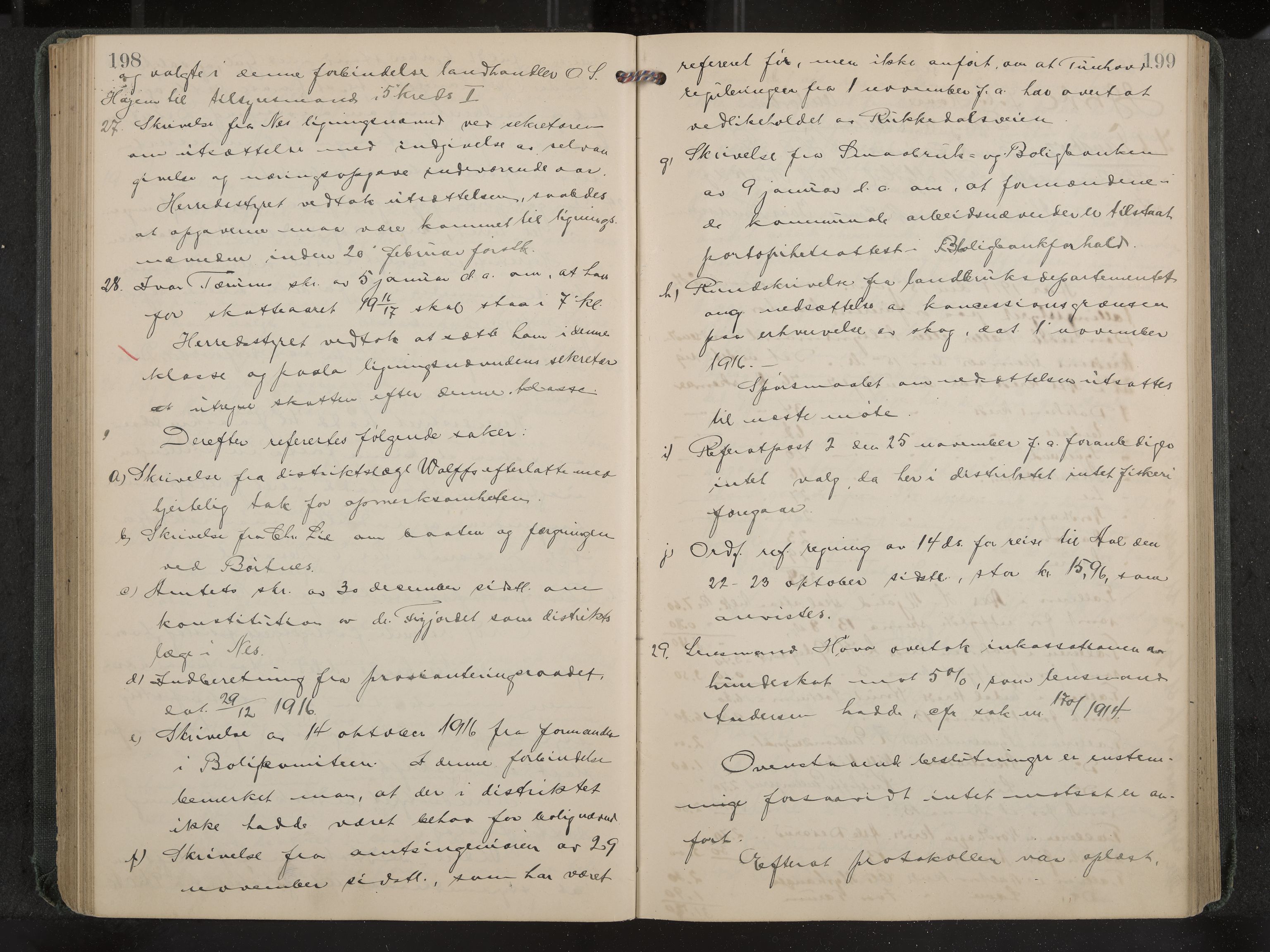 Nes formannskap og sentraladministrasjon, IKAK/0616021-1/A/Aa/L0005: Møtebok med register, 1914-1919, s. 198-199