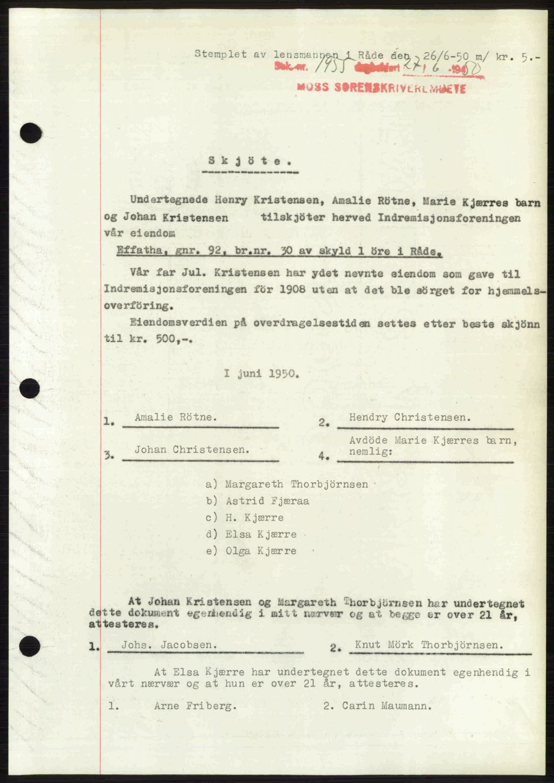 Moss sorenskriveri, SAO/A-10168: Pantebok nr. A26, 1950-1950, Dagboknr: 1955/1950