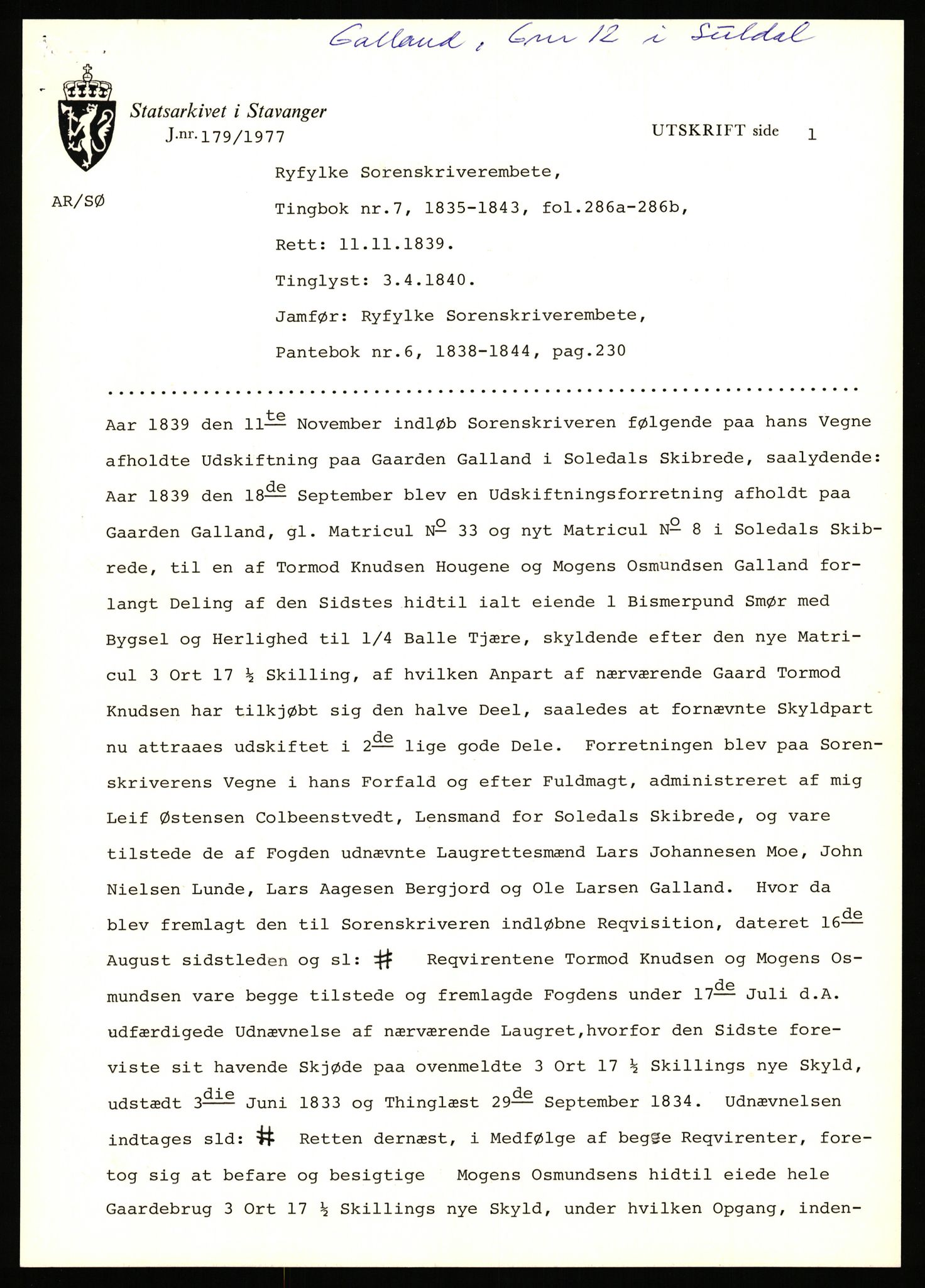 Statsarkivet i Stavanger, AV/SAST-A-101971/03/Y/Yj/L0024: Avskrifter sortert etter gårdsnavn: Fæøen - Garborg, 1750-1930, s. 426