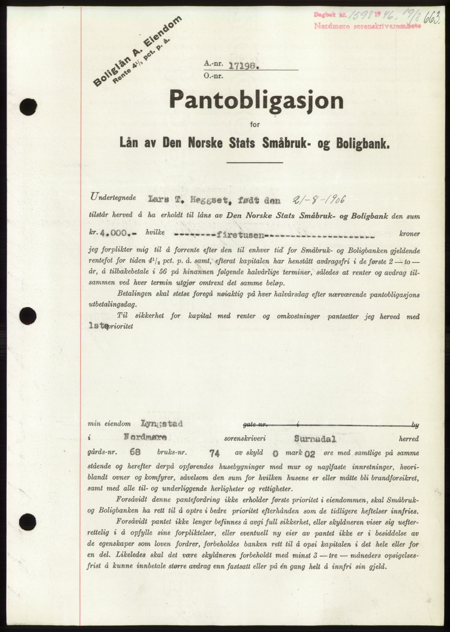 Nordmøre sorenskriveri, SAT/A-4132/1/2/2Ca: Pantebok nr. B94, 1946-1946, Dagboknr: 1598/1946