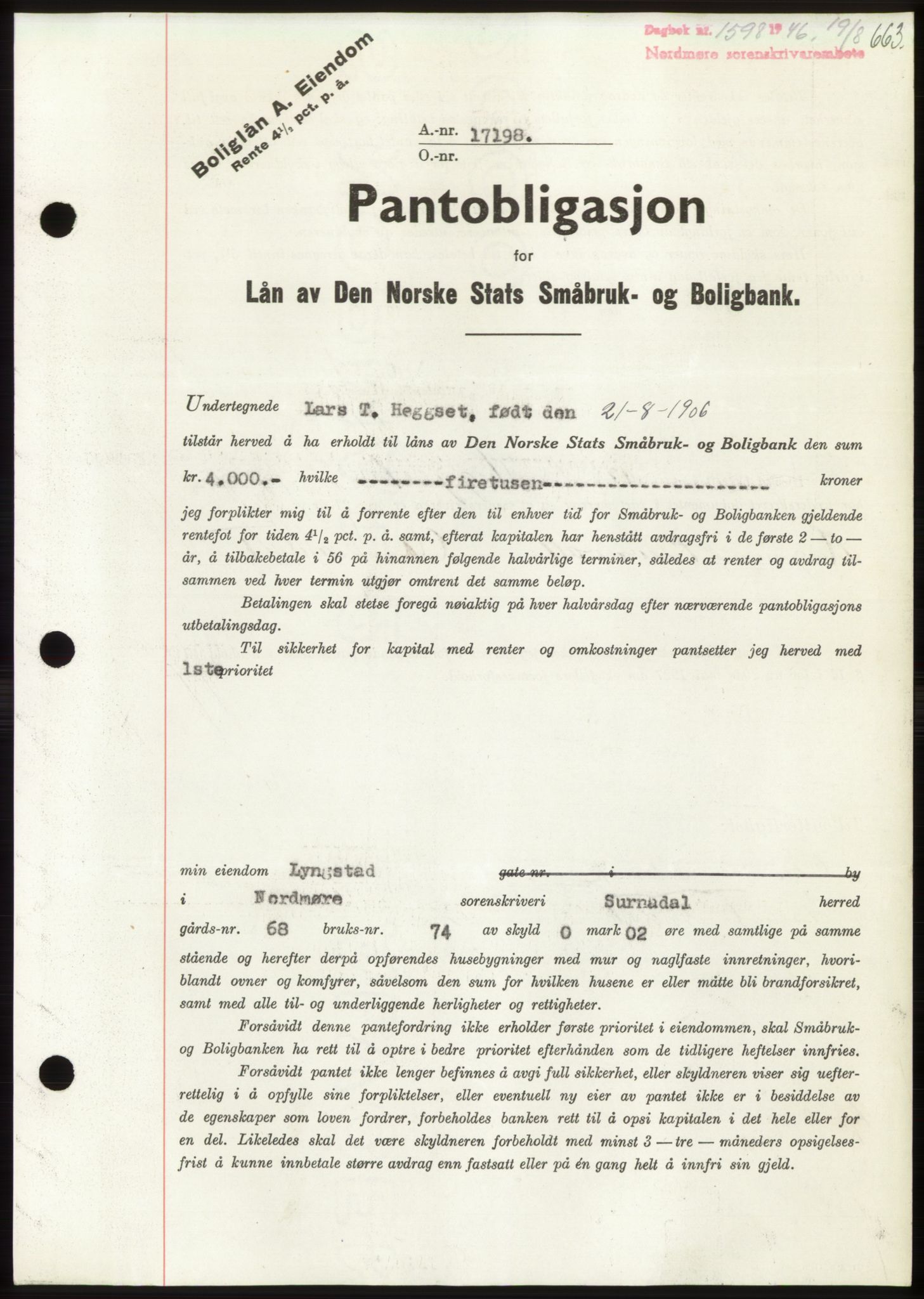 Nordmøre sorenskriveri, AV/SAT-A-4132/1/2/2Ca: Pantebok nr. B94, 1946-1946, Dagboknr: 1598/1946