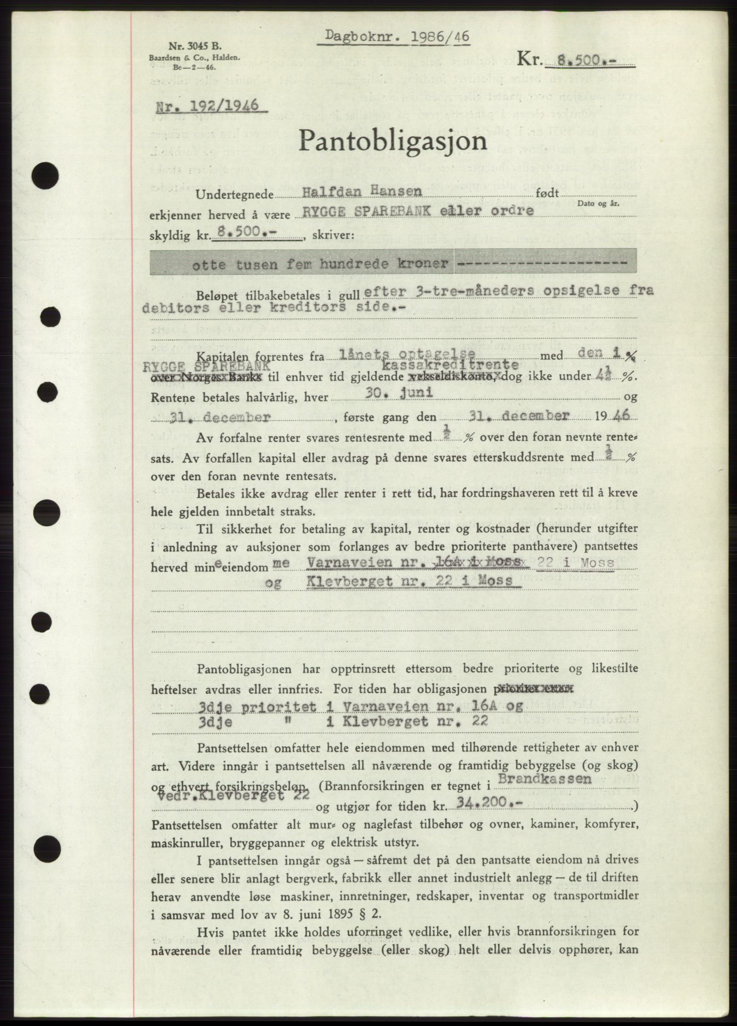 Moss sorenskriveri, SAO/A-10168: Pantebok nr. B15, 1946-1946, Dagboknr: 1986/1946