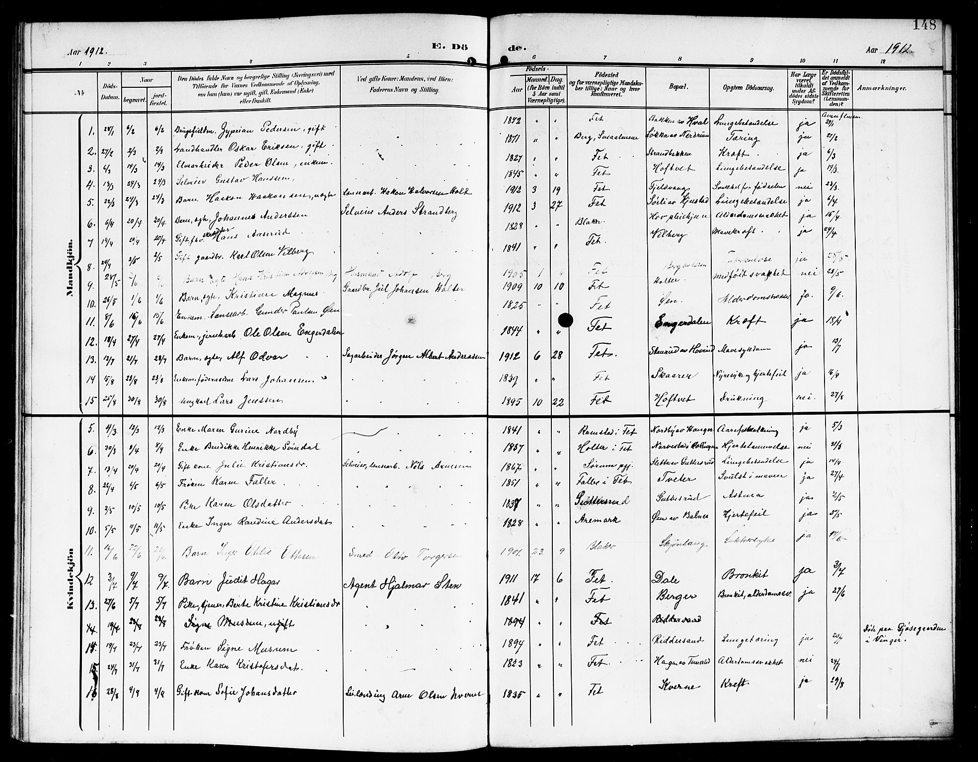 Fet prestekontor Kirkebøker, AV/SAO-A-10370a/G/Ga/L0008: Klokkerbok nr. I 8, 1907-1920, s. 148