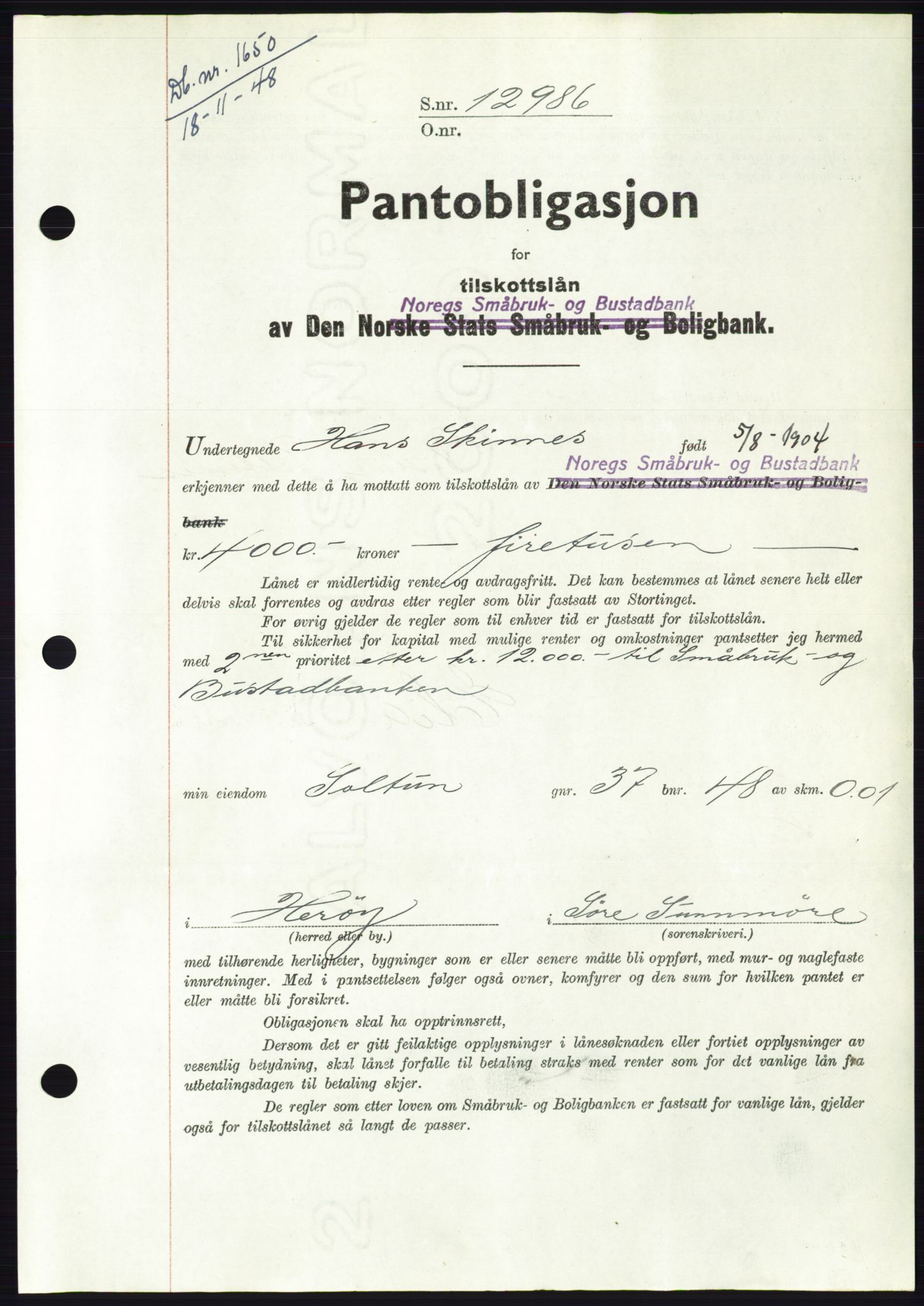Søre Sunnmøre sorenskriveri, AV/SAT-A-4122/1/2/2C/L0116: Pantebok nr. 4B, 1948-1949, Dagboknr: 1650/1948
