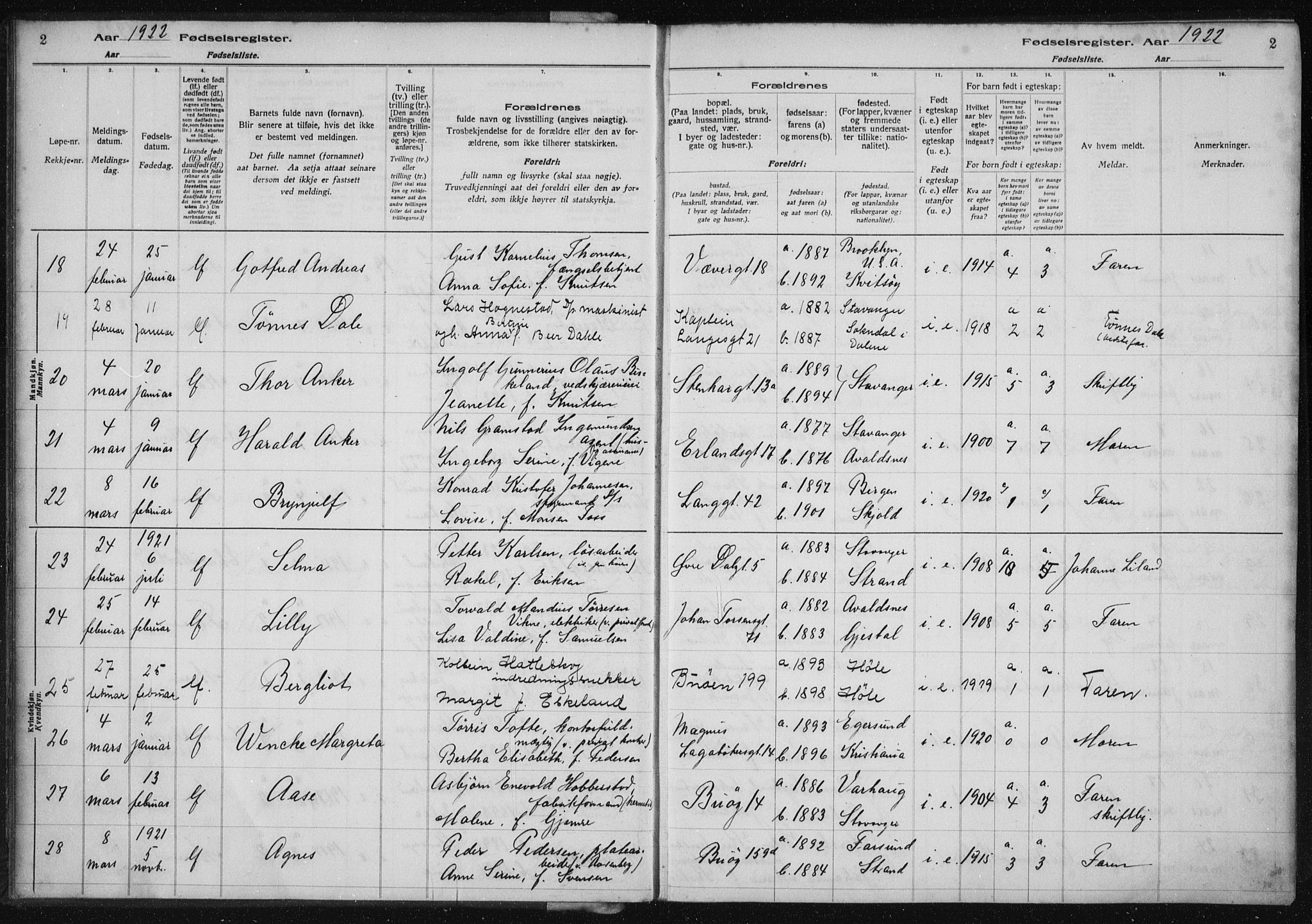 St. Petri sokneprestkontor, SAST/A-101813/002/A/L0002: Fødselsregister nr. 2, 1922-1929, s. 2