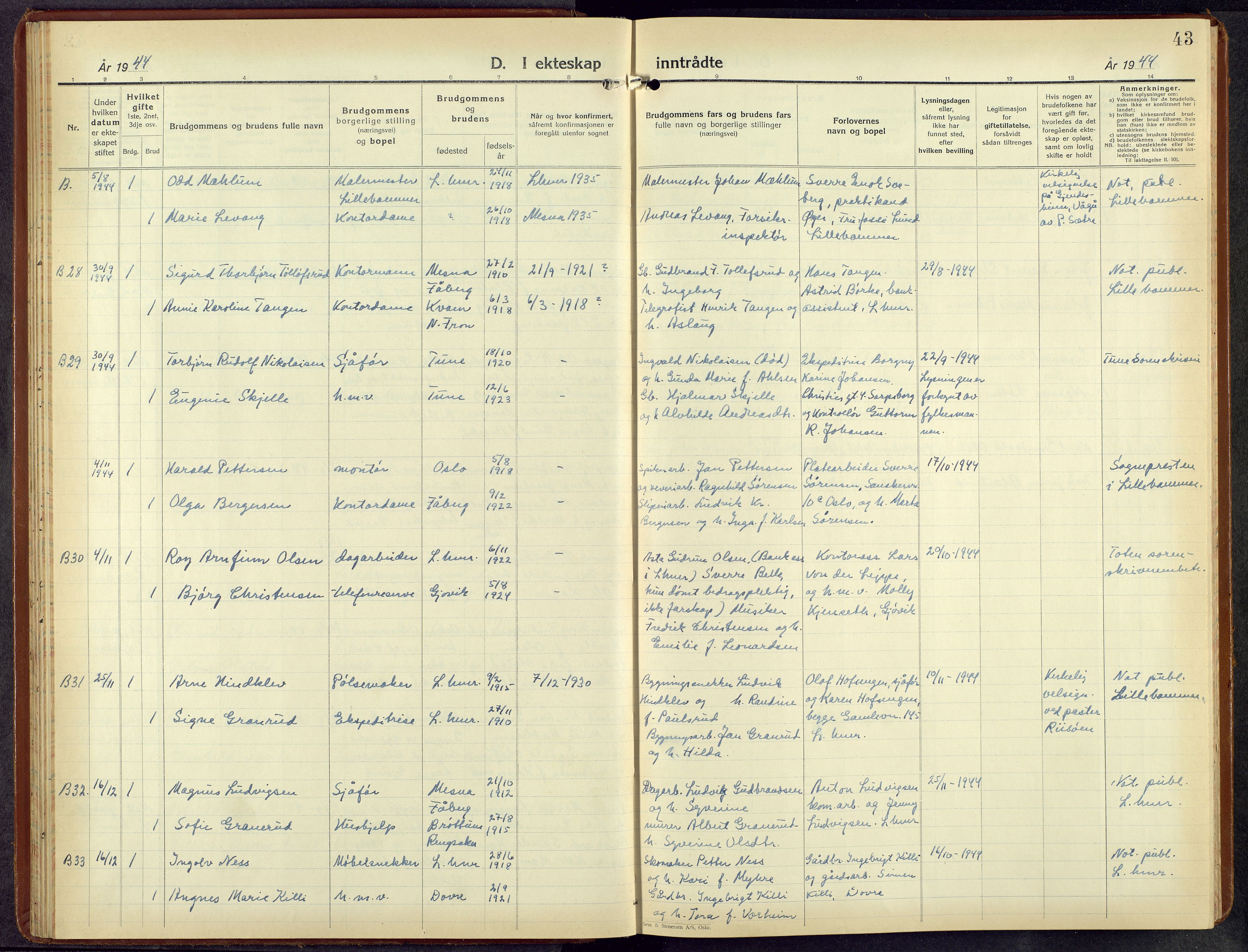 Lillehammer prestekontor, AV/SAH-PREST-088/H/Ha/Hab/L0004: Klokkerbok nr. 4, 1940-1955, s. 43