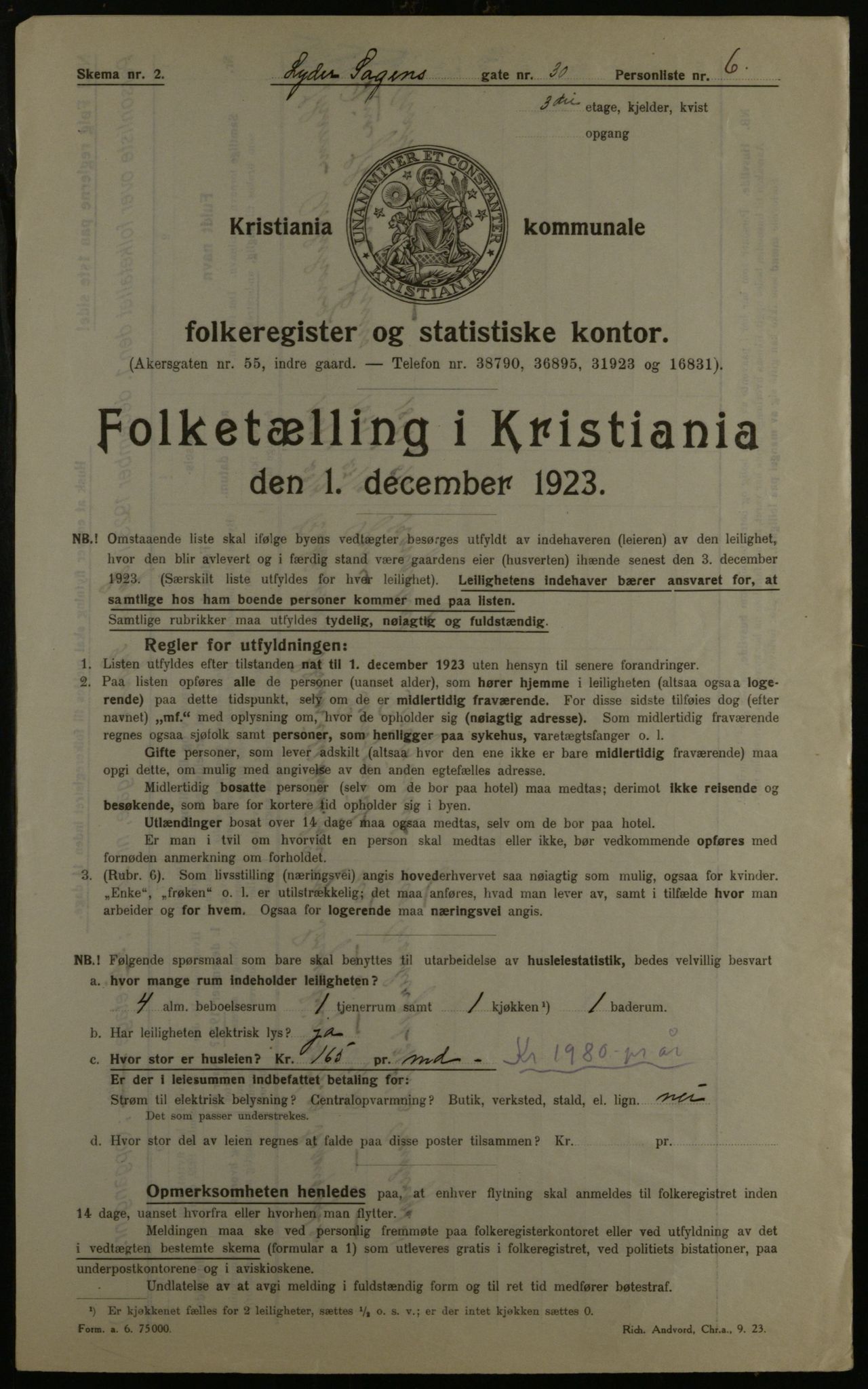 OBA, Kommunal folketelling 1.12.1923 for Kristiania, 1923, s. 65109