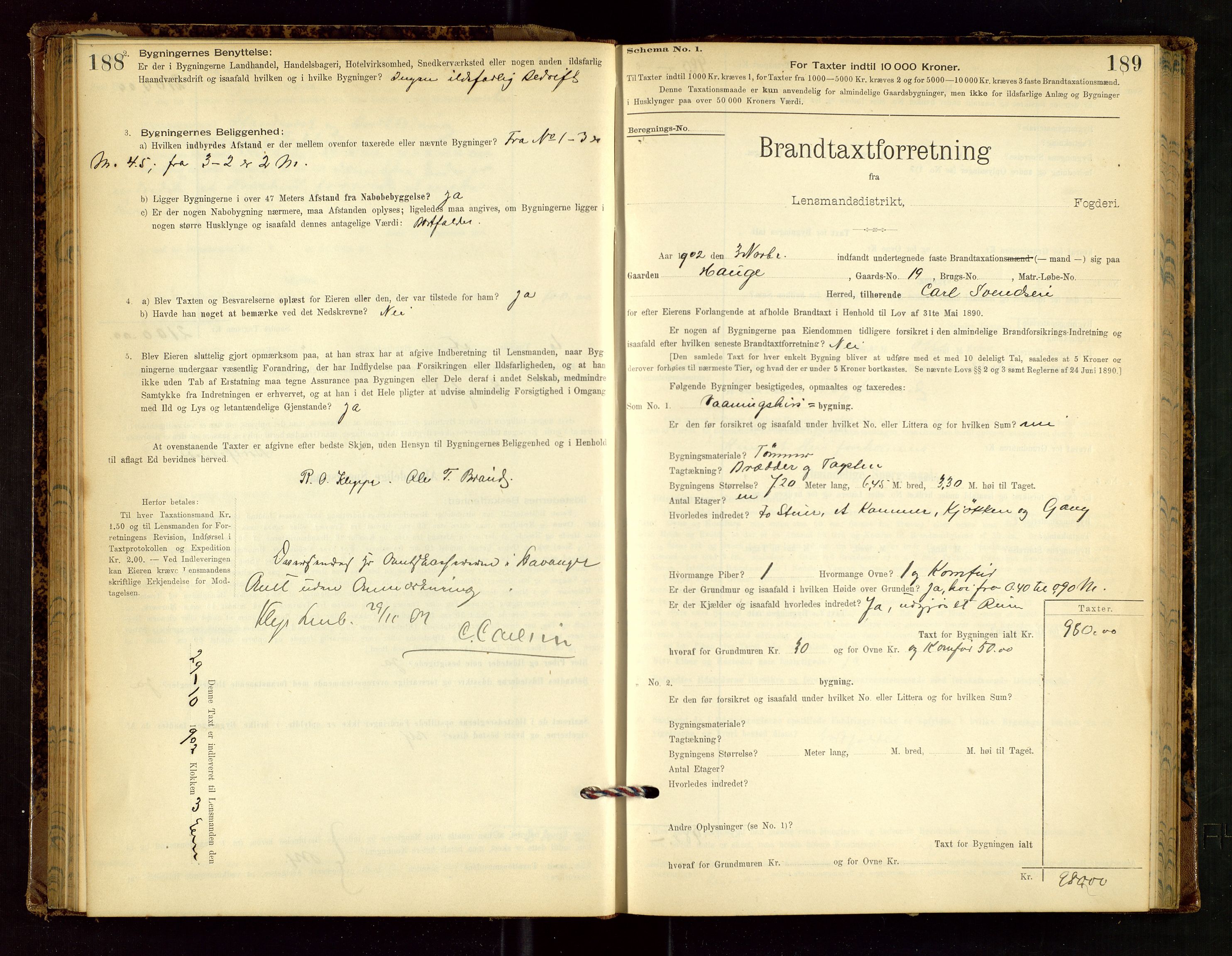 Klepp lensmannskontor, SAST/A-100163/Goc/L0002: "Brandtaxationsprotokol" m/register, 1898-1902, s. 188-189