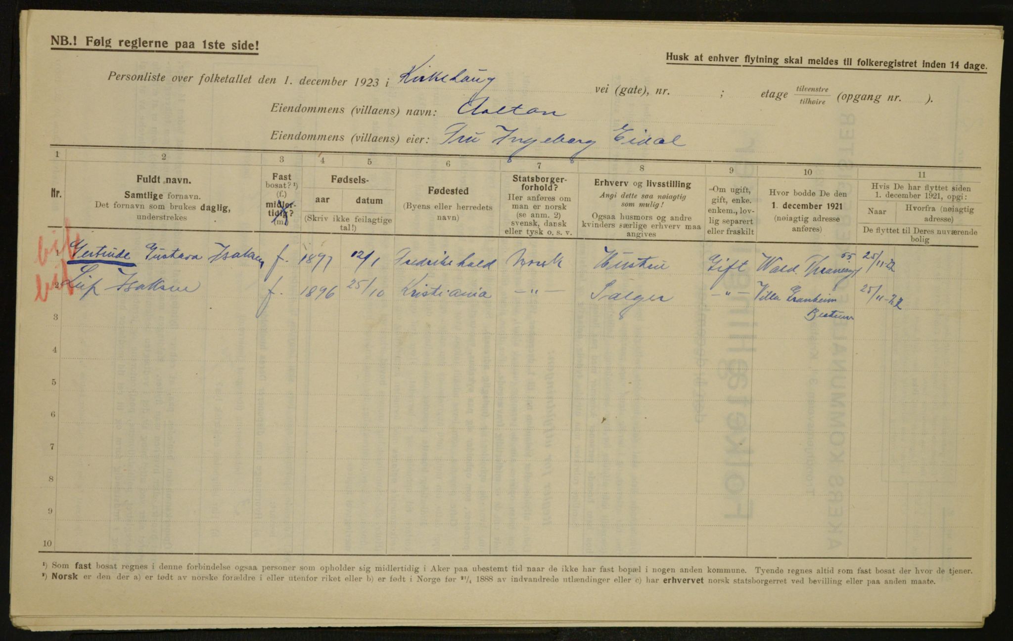 , Kommunal folketelling 1.12.1923 for Aker, 1923, s. 3279