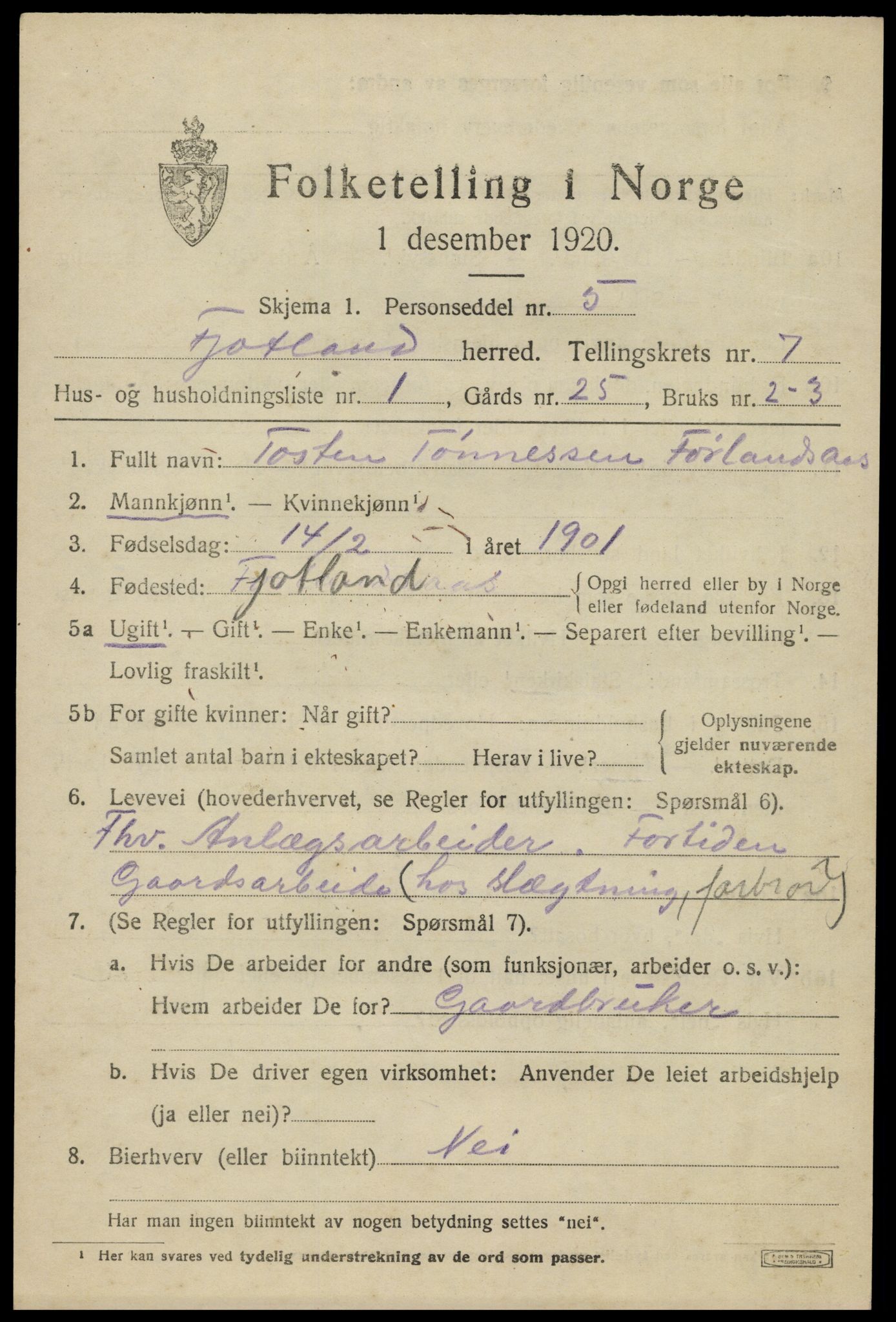 SAK, Folketelling 1920 for 1036 Fjotland herred, 1920, s. 1820