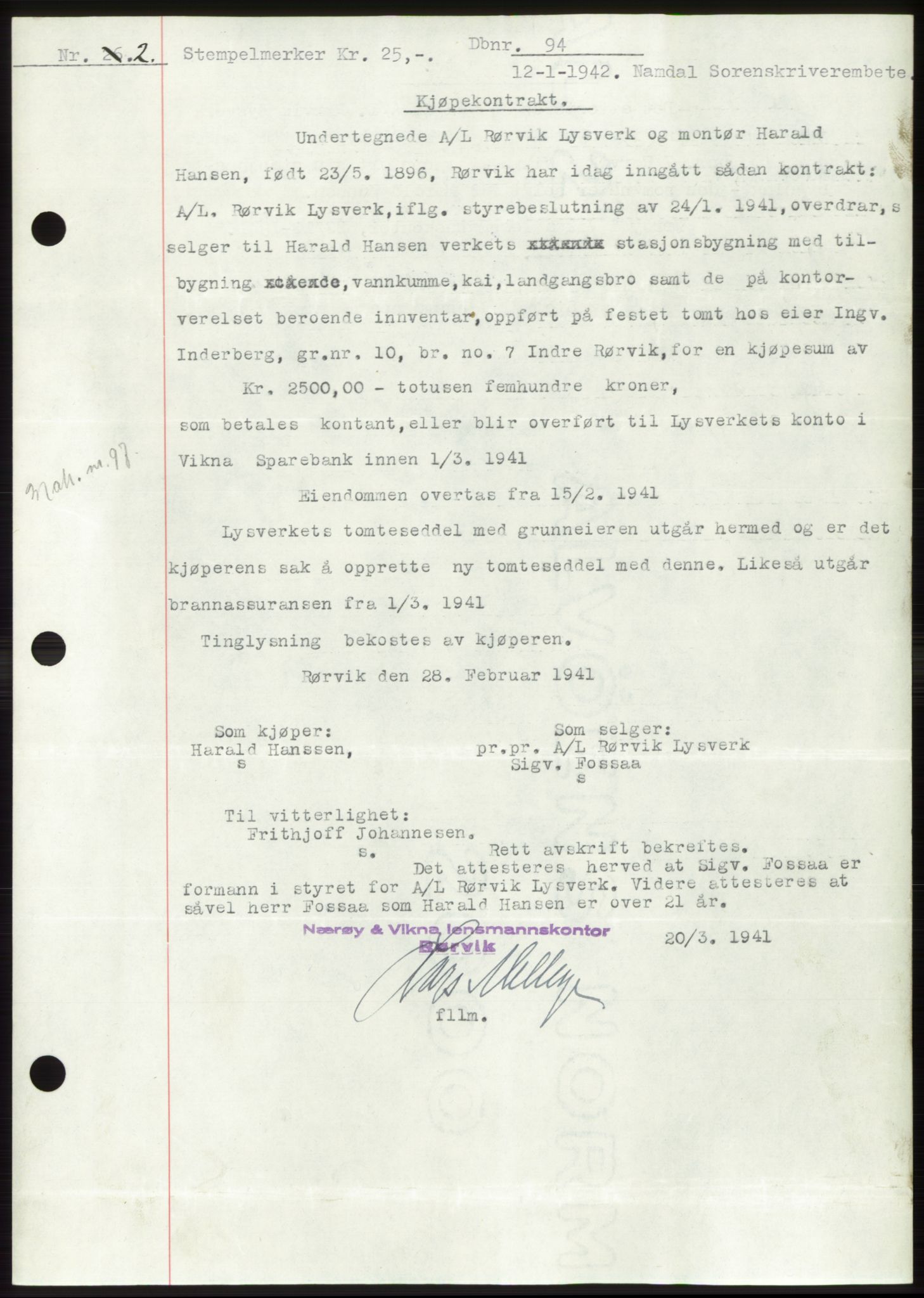 Namdal sorenskriveri, SAT/A-4133/1/2/2C: Pantebok nr. -, 1941-1942, Dagboknr: 94/1942