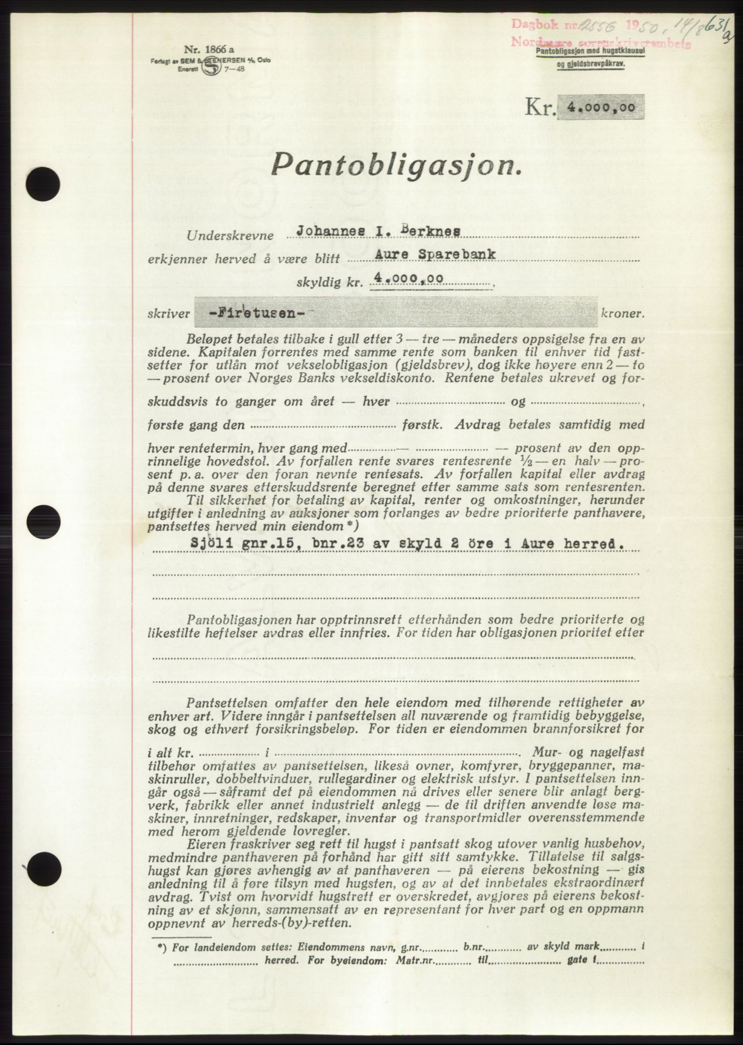 Nordmøre sorenskriveri, AV/SAT-A-4132/1/2/2Ca: Pantebok nr. B105, 1950-1950, Dagboknr: 2556/1950