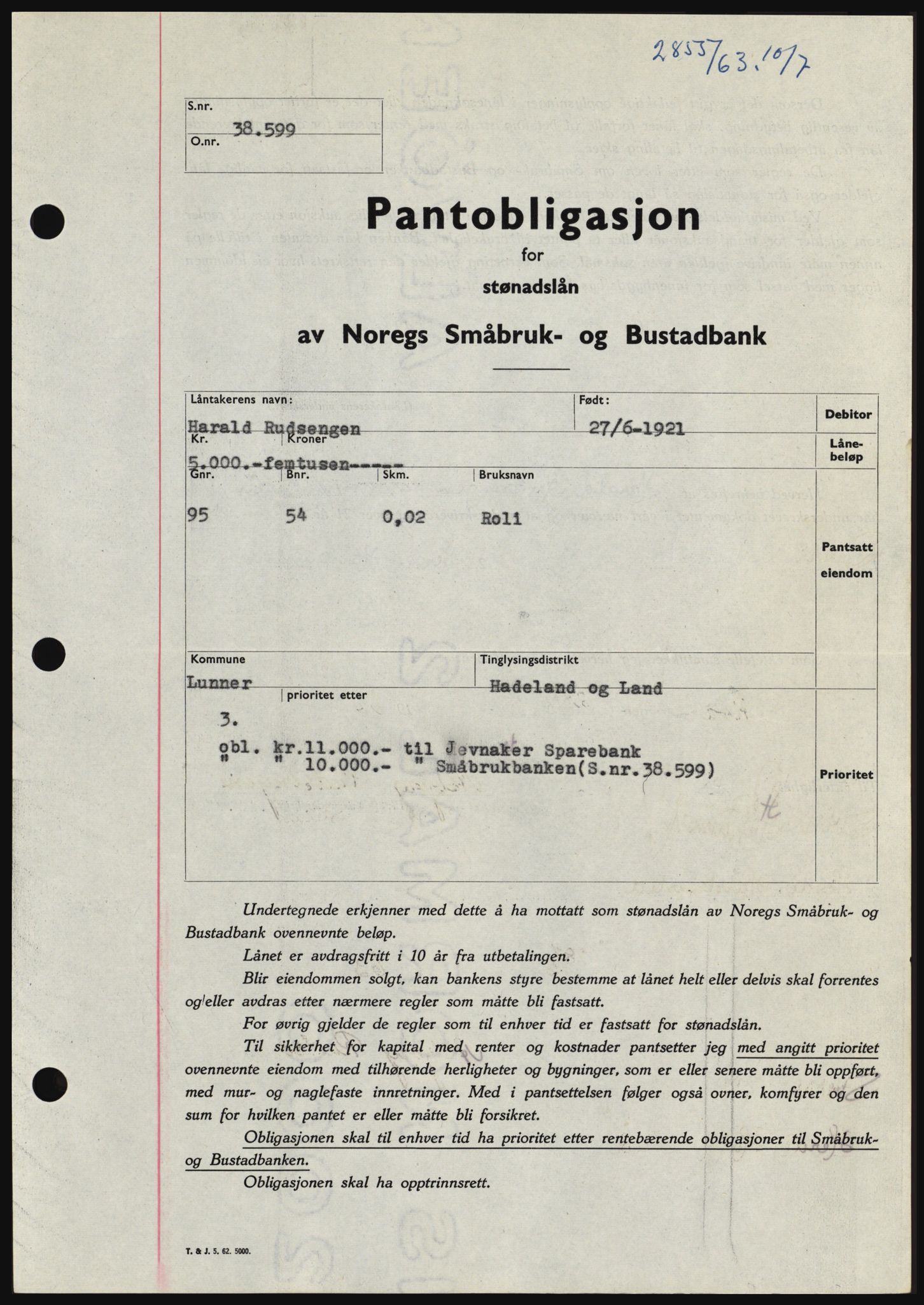 Hadeland og Land tingrett, SAH/TING-010/H/Hb/Hbc/L0052: Pantebok nr. B52, 1963-1963, Dagboknr: 2855/1963