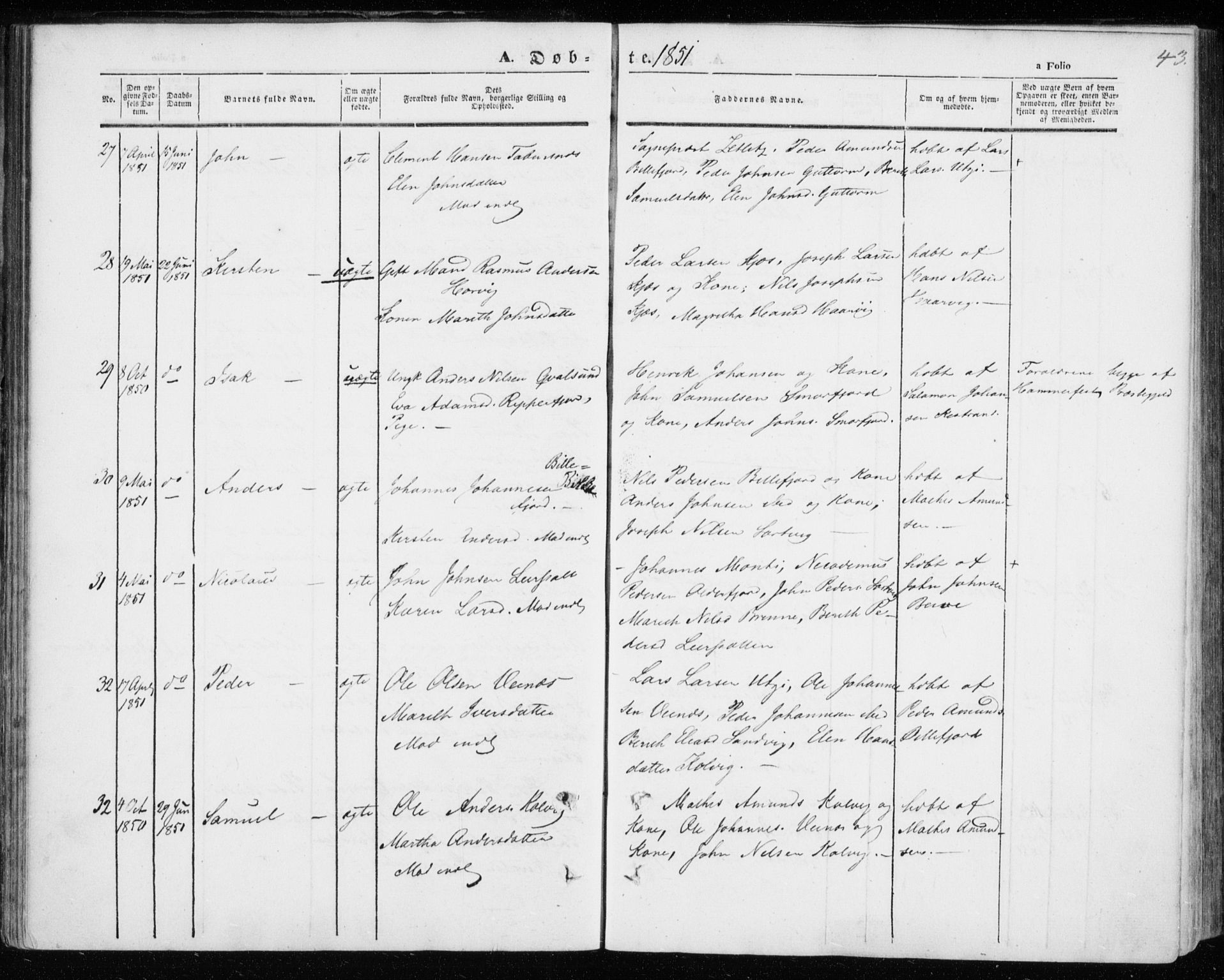 Kistrand/Porsanger sokneprestembete, AV/SATØ-S-1351/H/Ha/L0004.kirke: Ministerialbok nr. 4, 1843-1860, s. 43