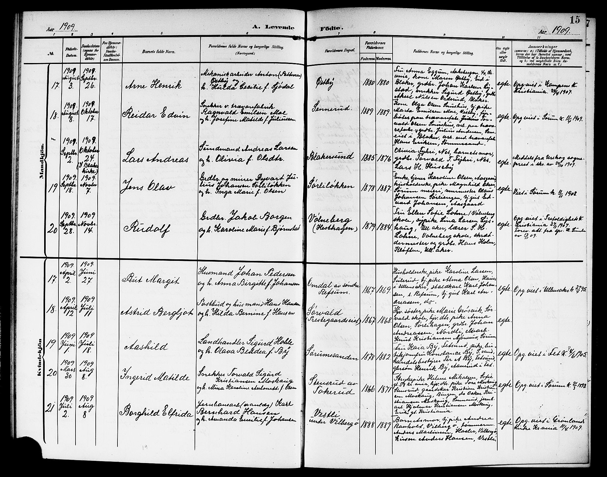 Sørum prestekontor Kirkebøker, AV/SAO-A-10303/G/Ga/L0007: Klokkerbok nr. I 7, 1907-1917, s. 15