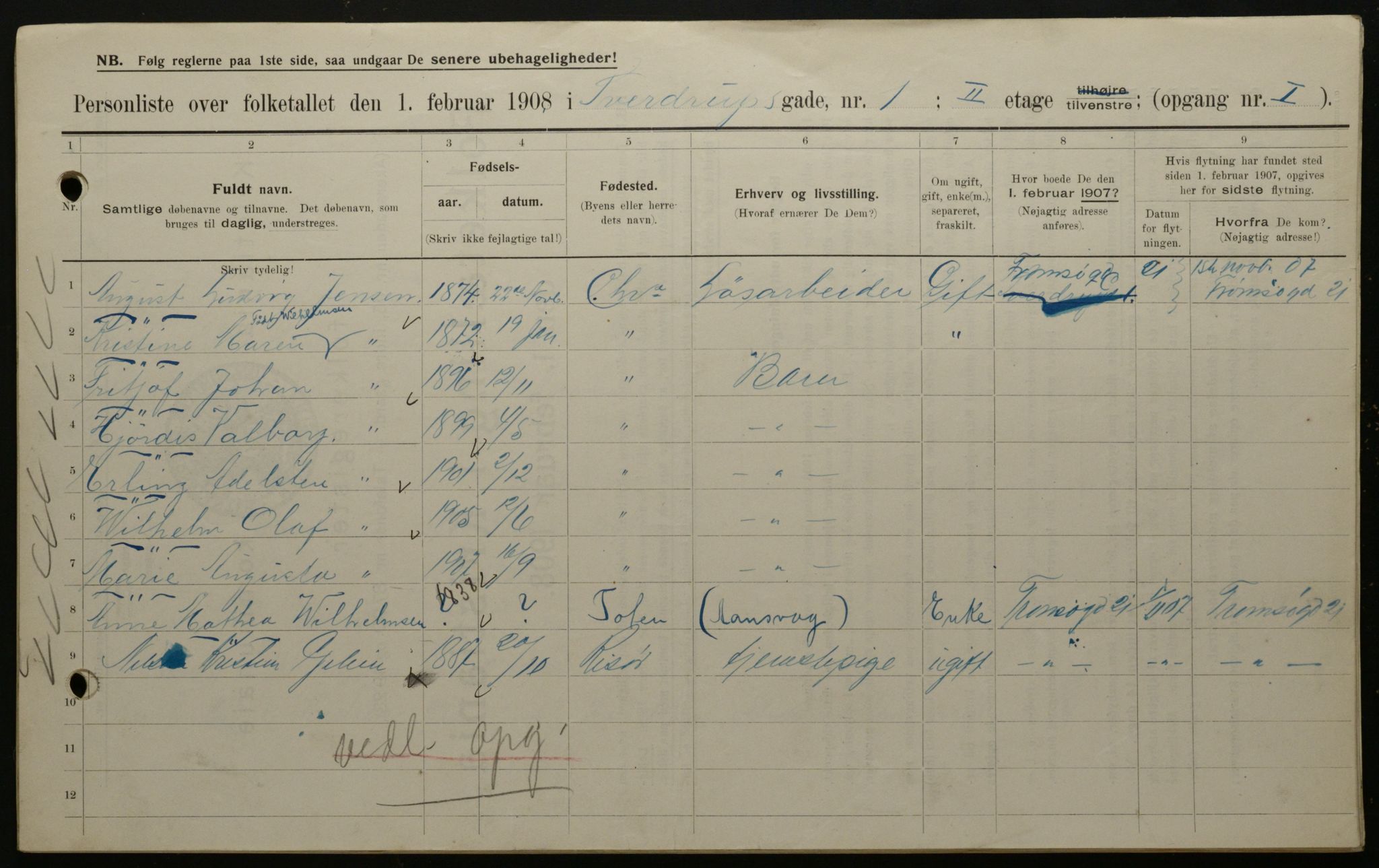 OBA, Kommunal folketelling 1.2.1908 for Kristiania kjøpstad, 1908, s. 94300