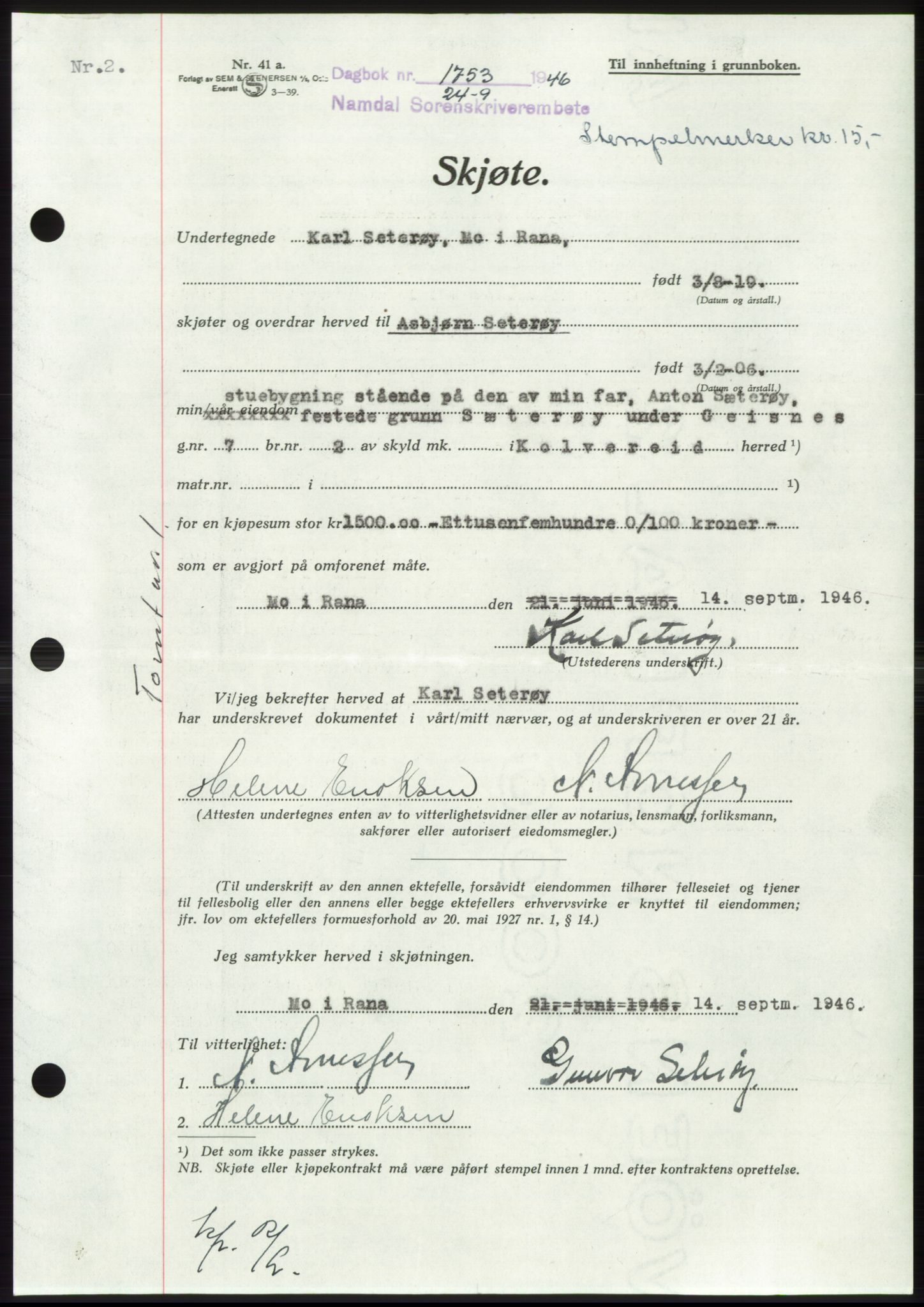 Namdal sorenskriveri, SAT/A-4133/1/2/2C: Pantebok nr. -, 1946-1947, Dagboknr: 1753/1946