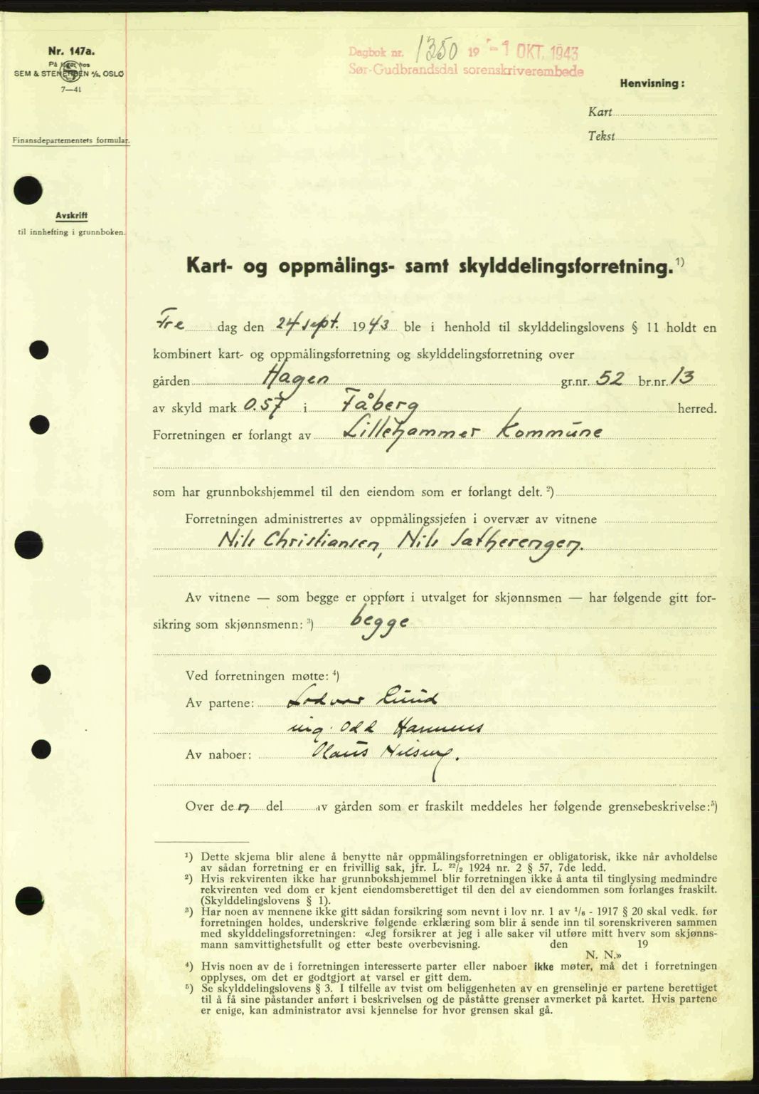 Sør-Gudbrandsdal tingrett, SAH/TING-004/H/Hb/Hbd/L0012: Pantebok nr. A12, 1943-1944, Dagboknr: 1350/1943