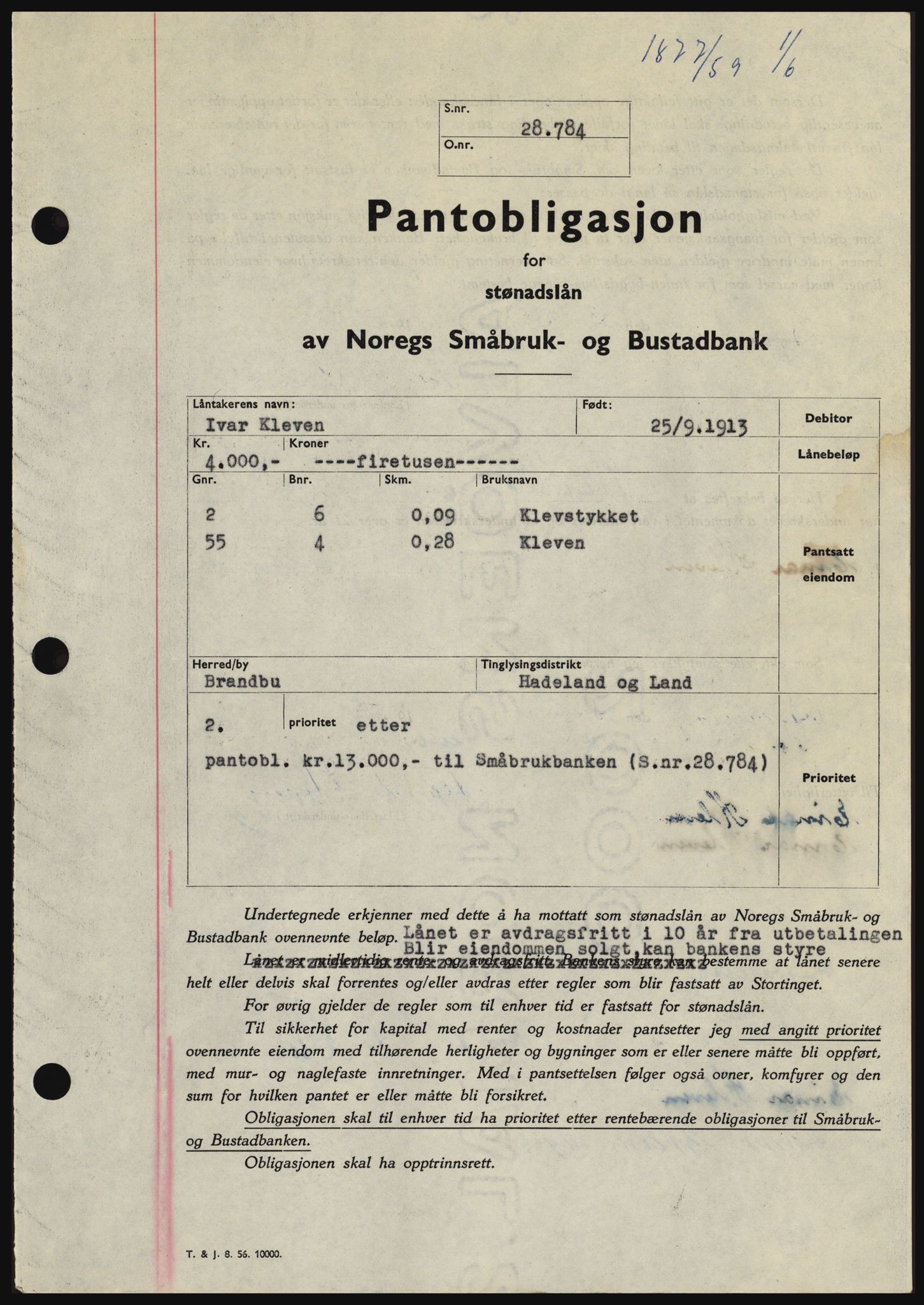 Hadeland og Land tingrett, SAH/TING-010/H/Hb/Hbc/L0040: Pantebok nr. B40, 1959-1959, Dagboknr: 1877/1959